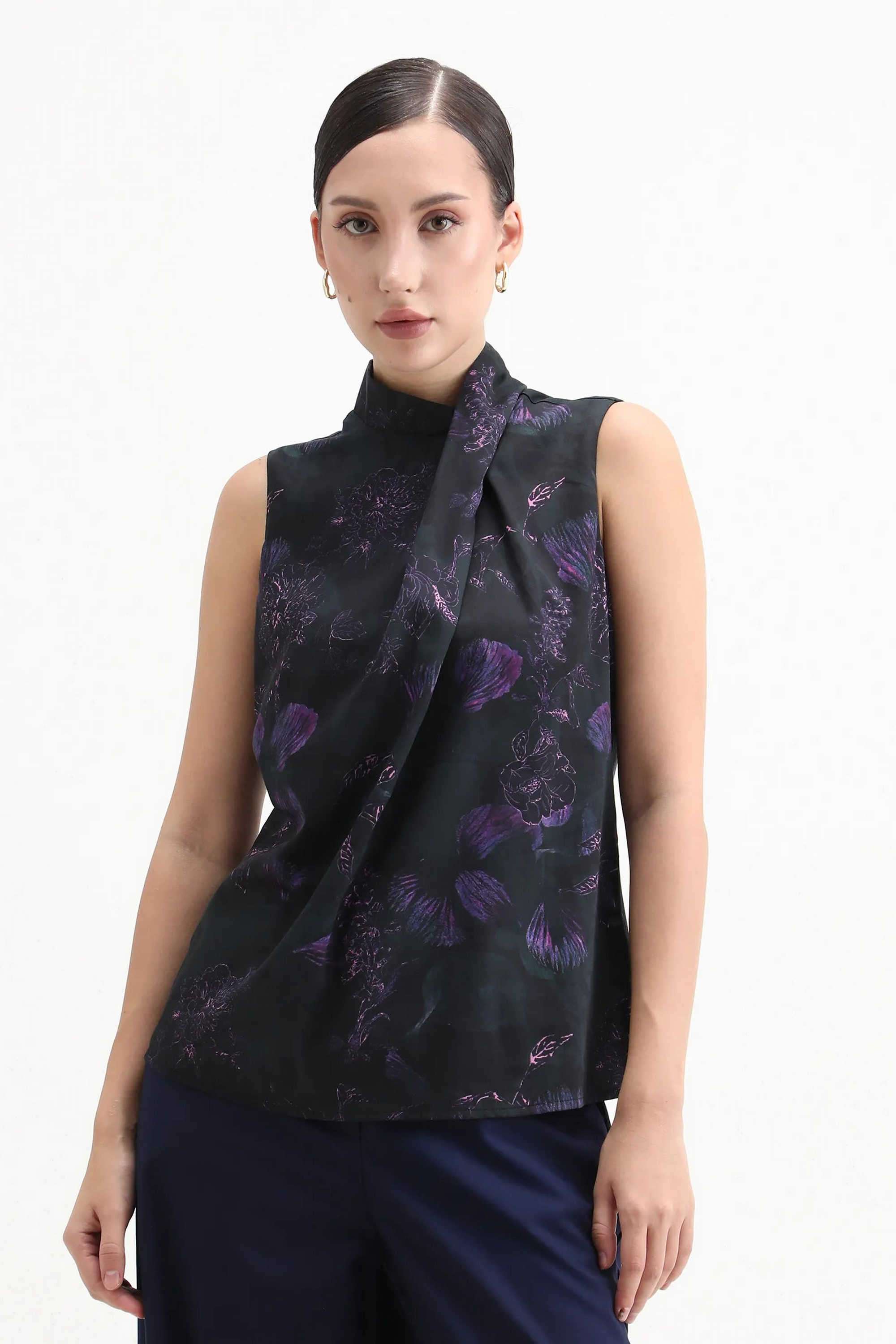 Floral-Blended-Fabric-Cowl-Neck-Women-s-Top