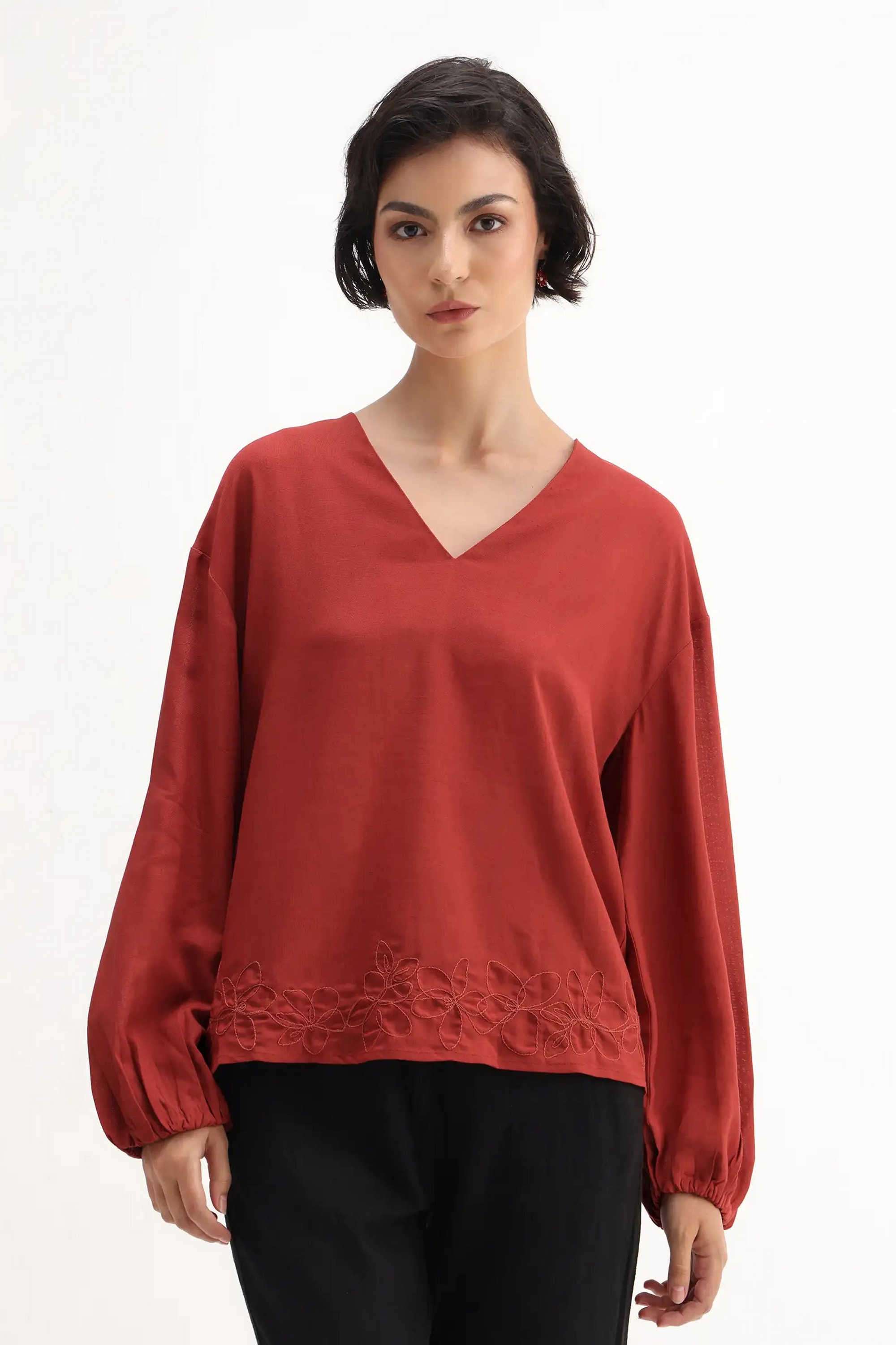 Solid-Viscose-V-Neck-Women-s-Top
