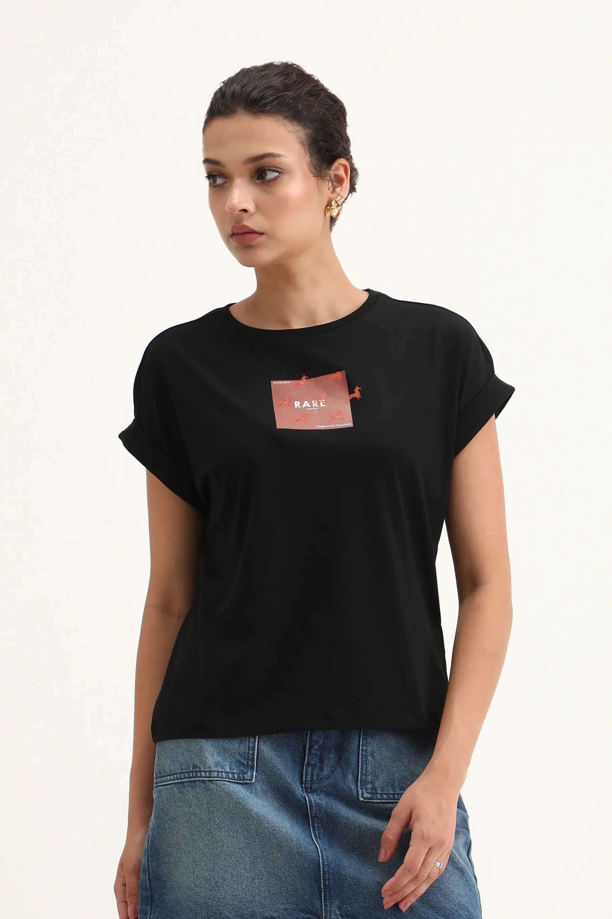 Graphic-Print-Blended-Fabric-Round-Neck-Women-s-T-Shirt