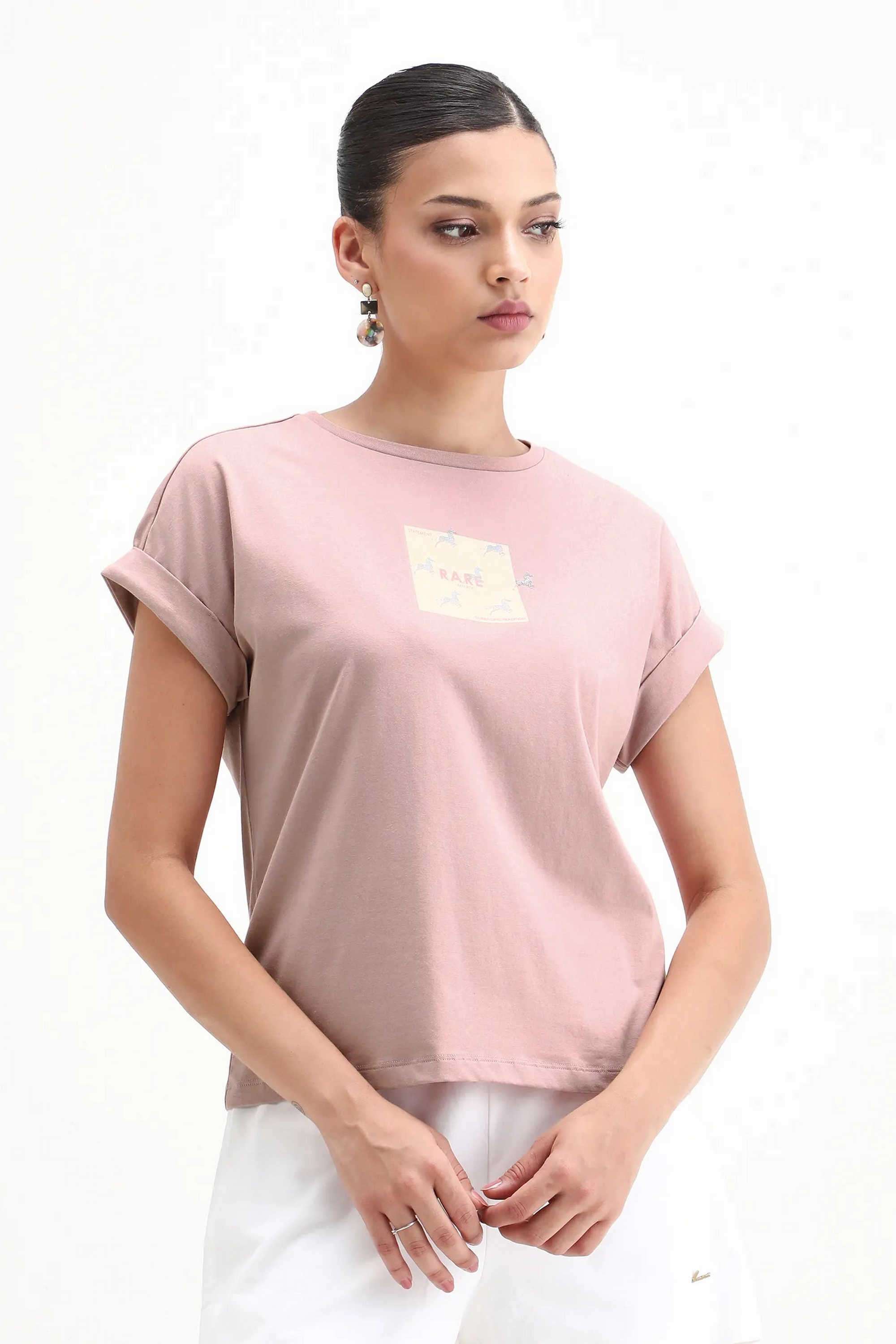 Graphic-Print-Blended-Fabric-Round-Neck-Women-s-T-Shirt
