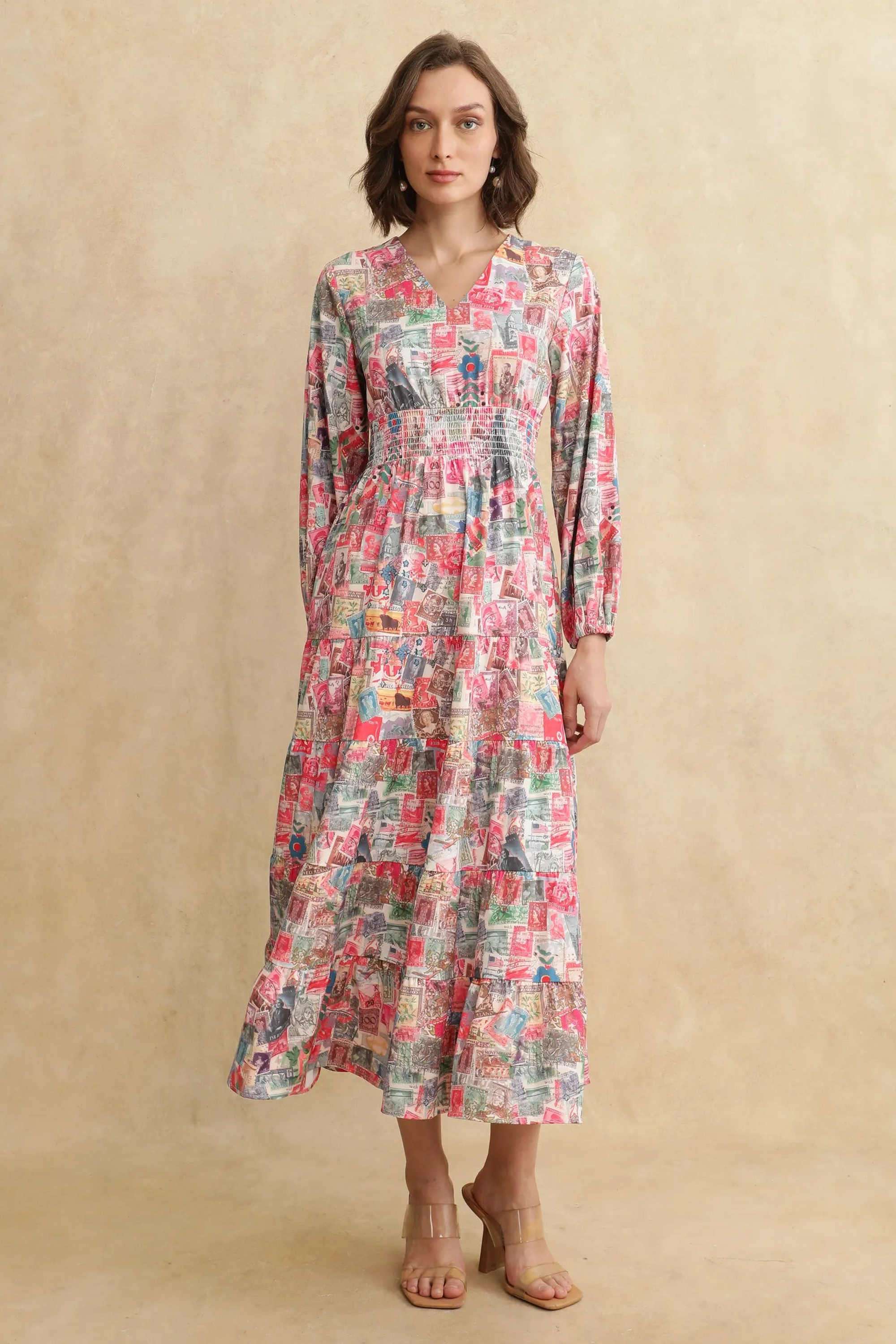 Printed-Satin-V-Neck-Women-s-Dress