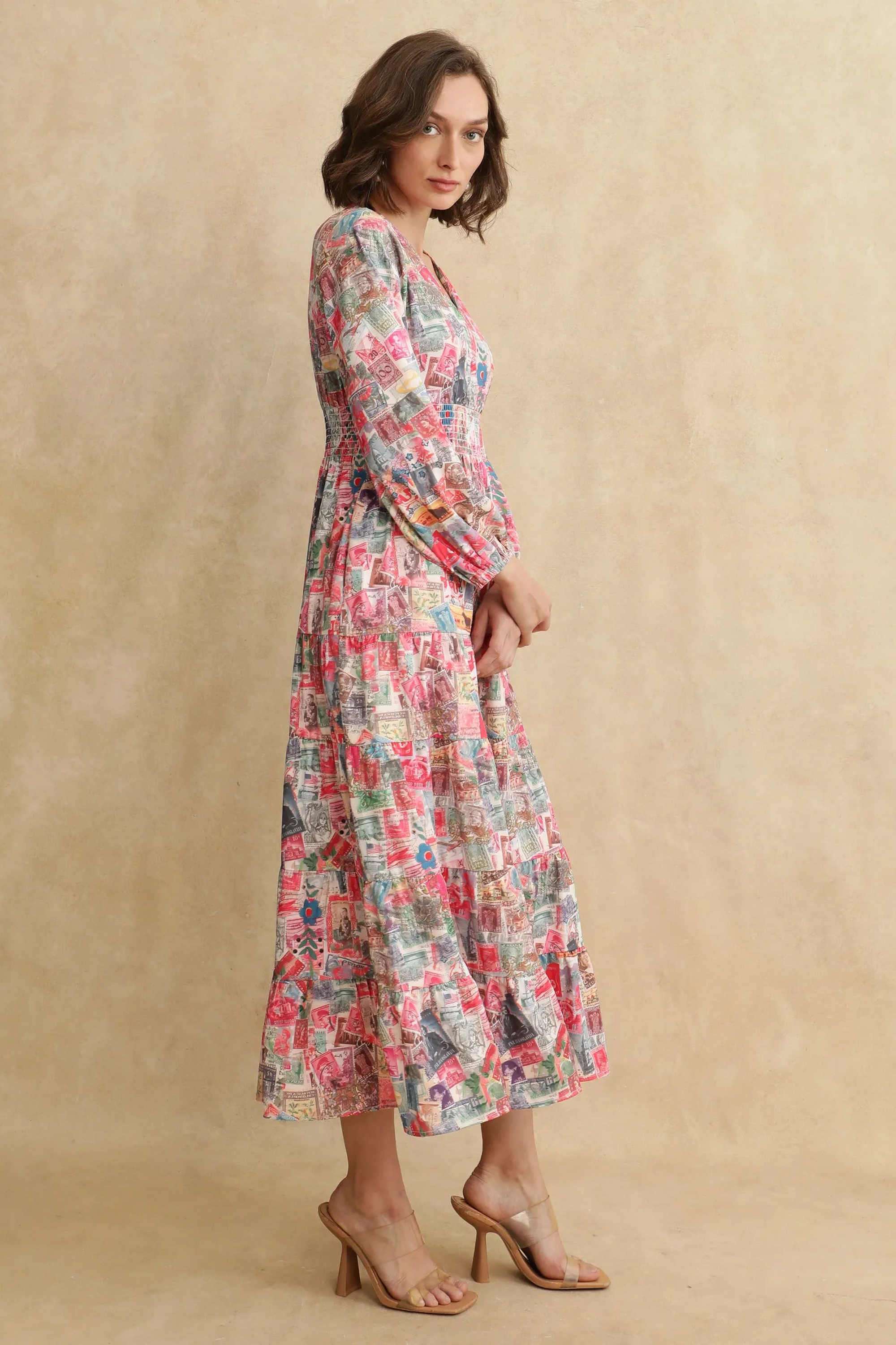 Printed-Satin-V-Neck-Women-s-Dress