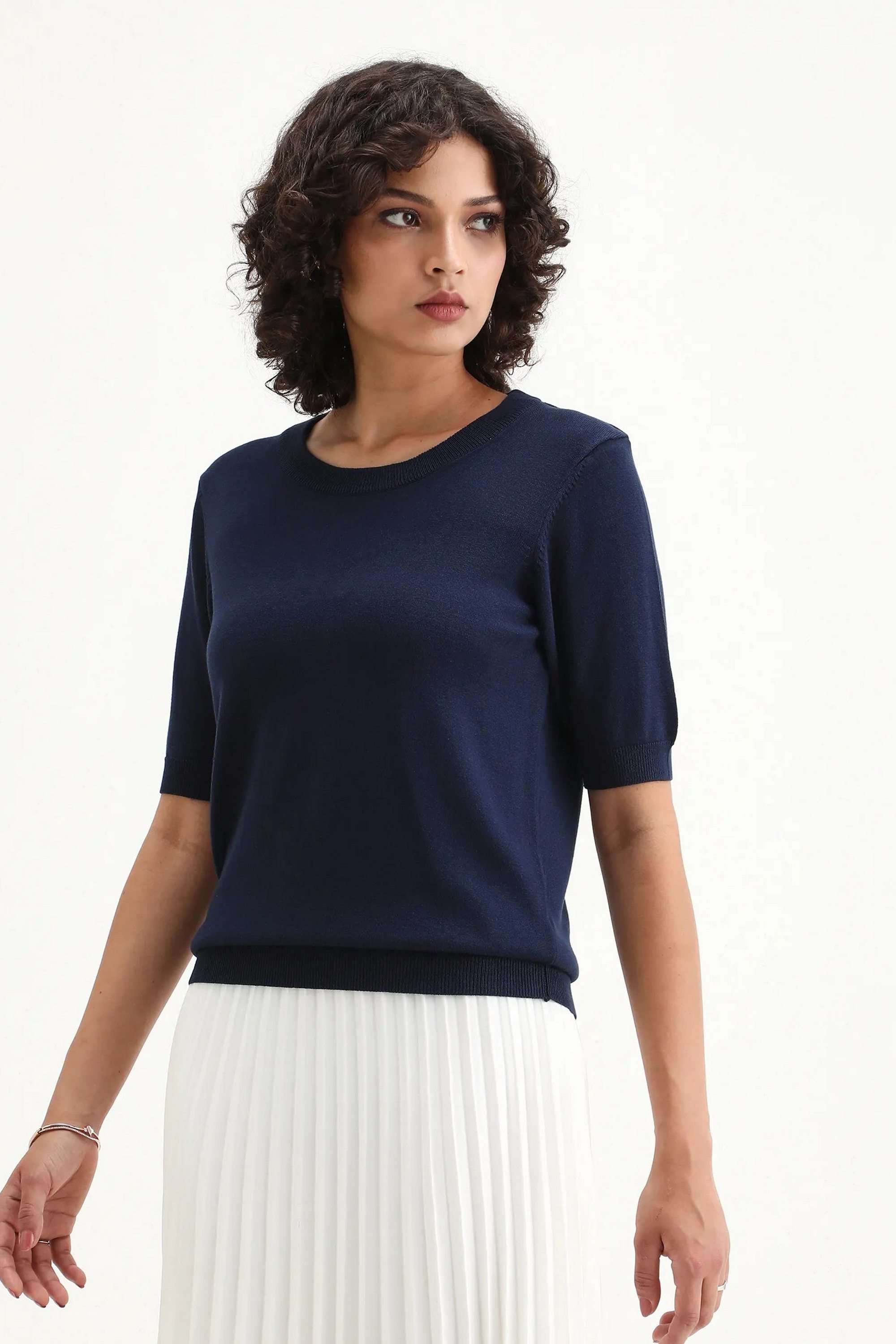 Solid-Blended-Fabric-Round-Neck-Women-s-Sweater