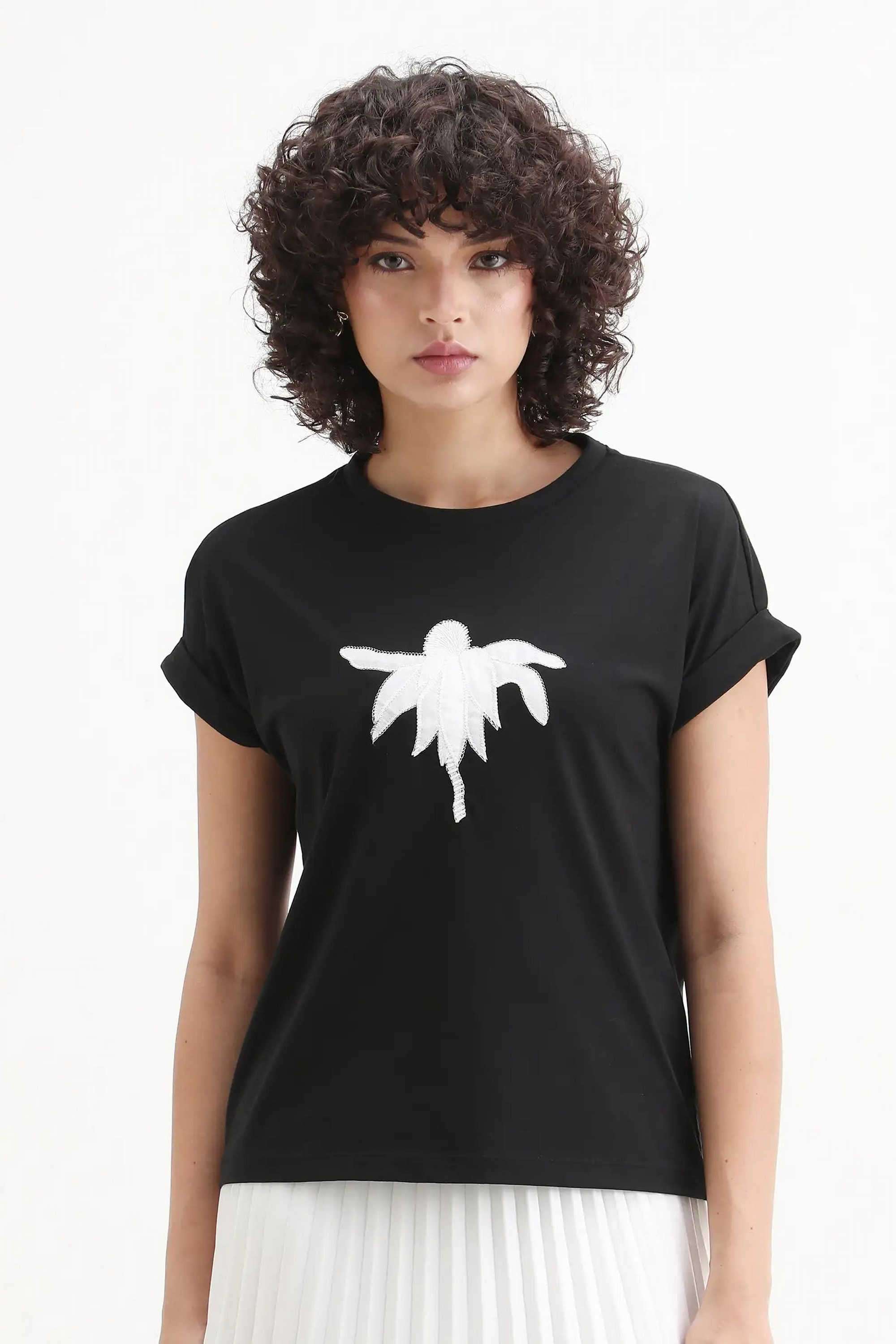 Printed-Blended-Fabric-Round-Neck-Women-s-T-Shirt