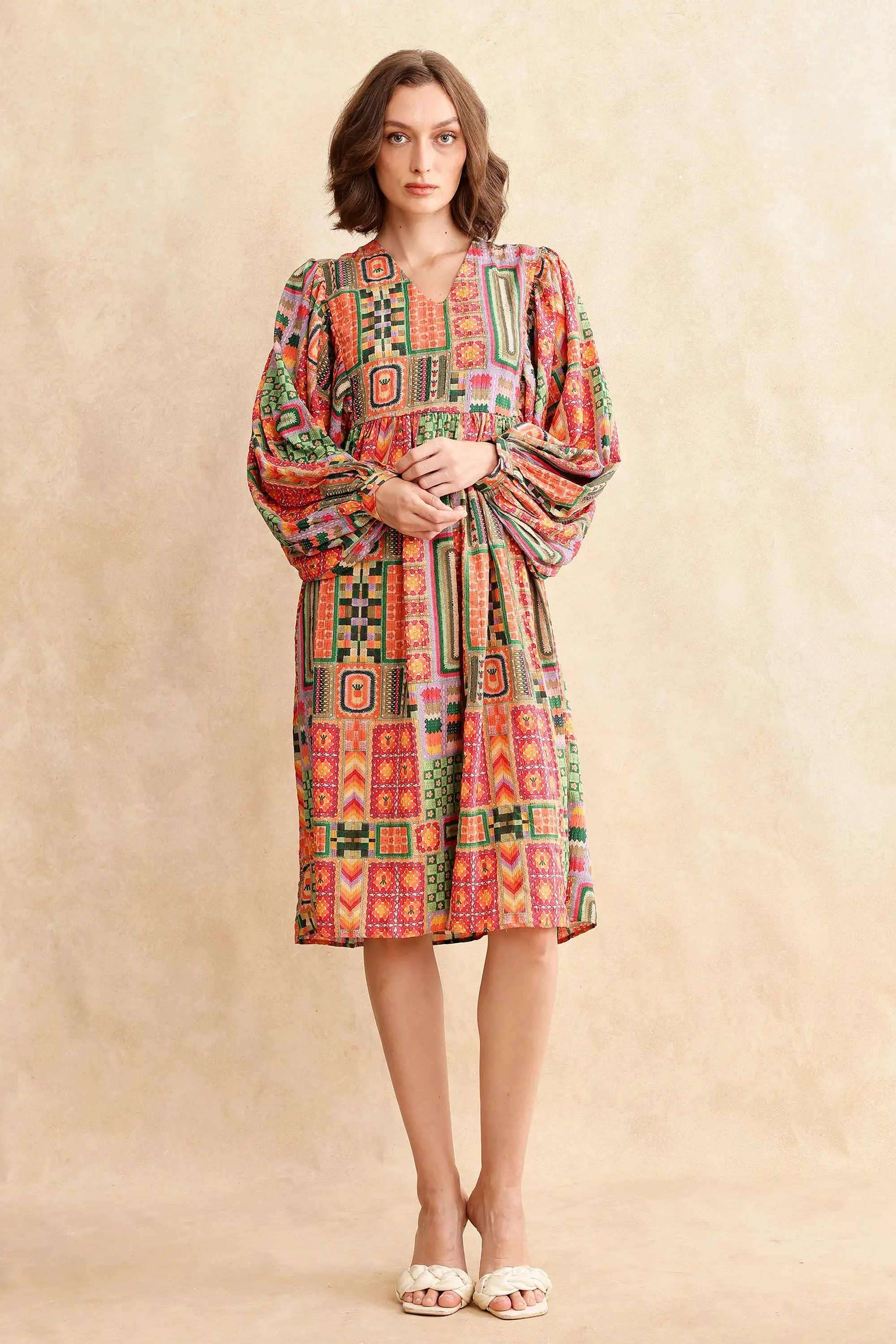 Printed-Blended-Fabric-V-Neck-Women-s-Dress