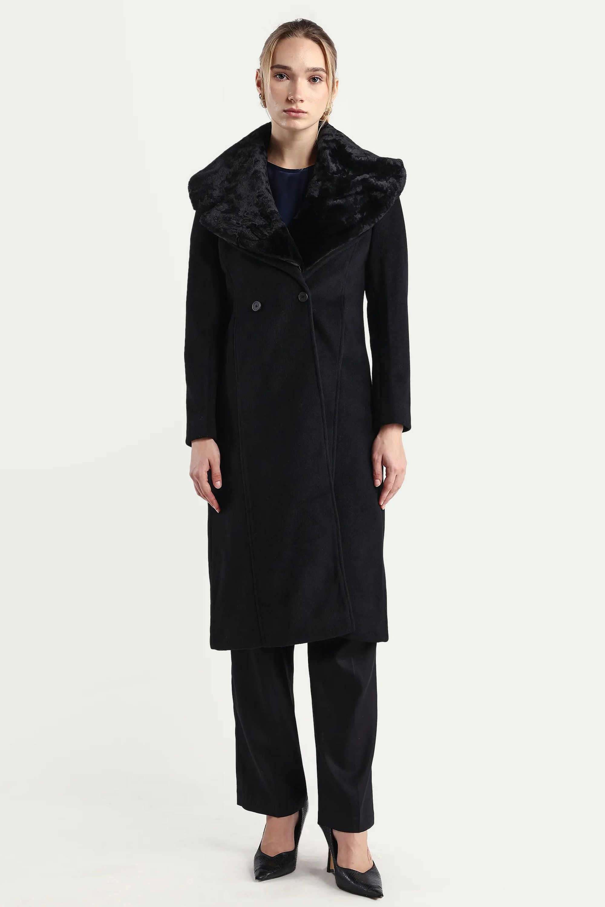 Solid-Polyester-Collared-Women-s-Coat