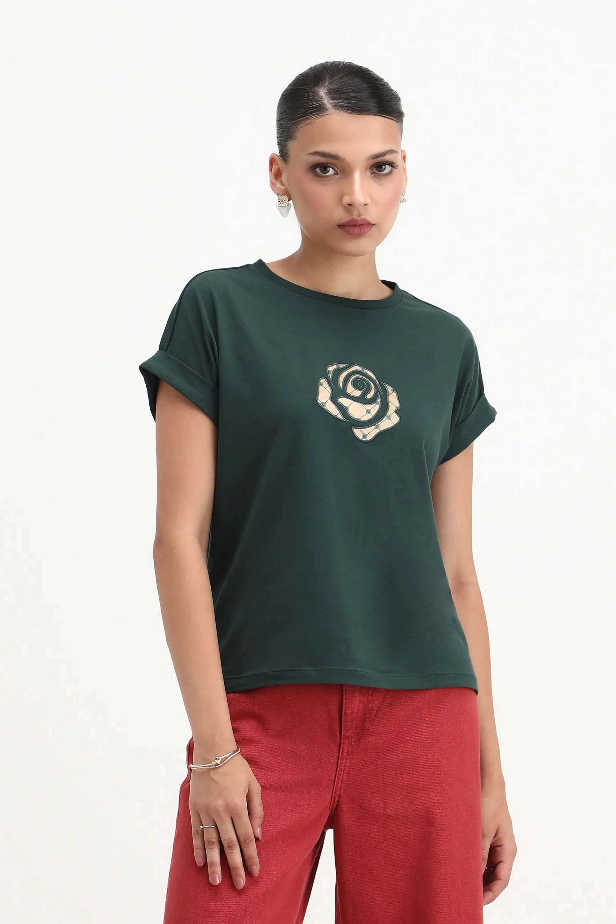 Printed-Blended-Fabric-Round-Neck-Women-s-T-Shirt