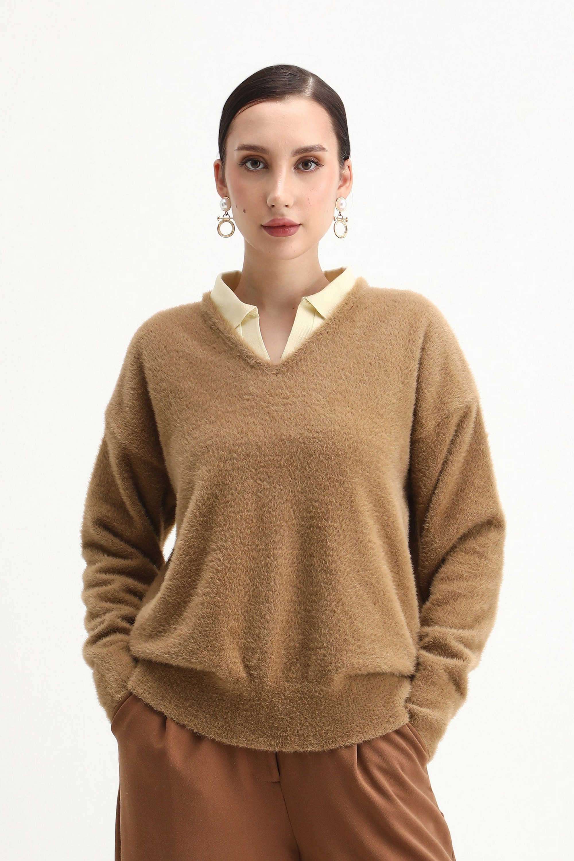Solid-Nylon-V-Neck-Women-s-Sweater