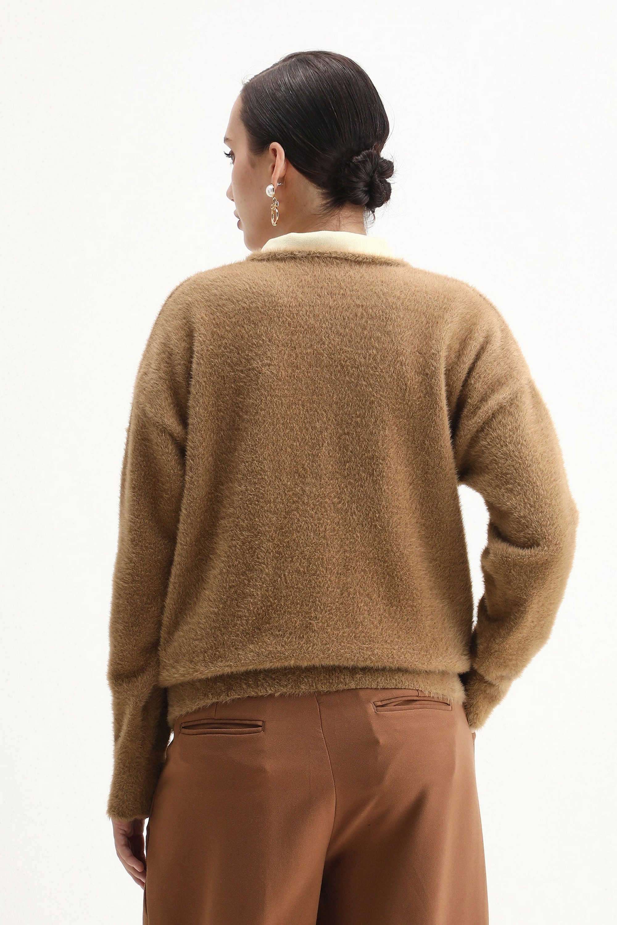 Solid-Nylon-V-Neck-Women-s-Sweater