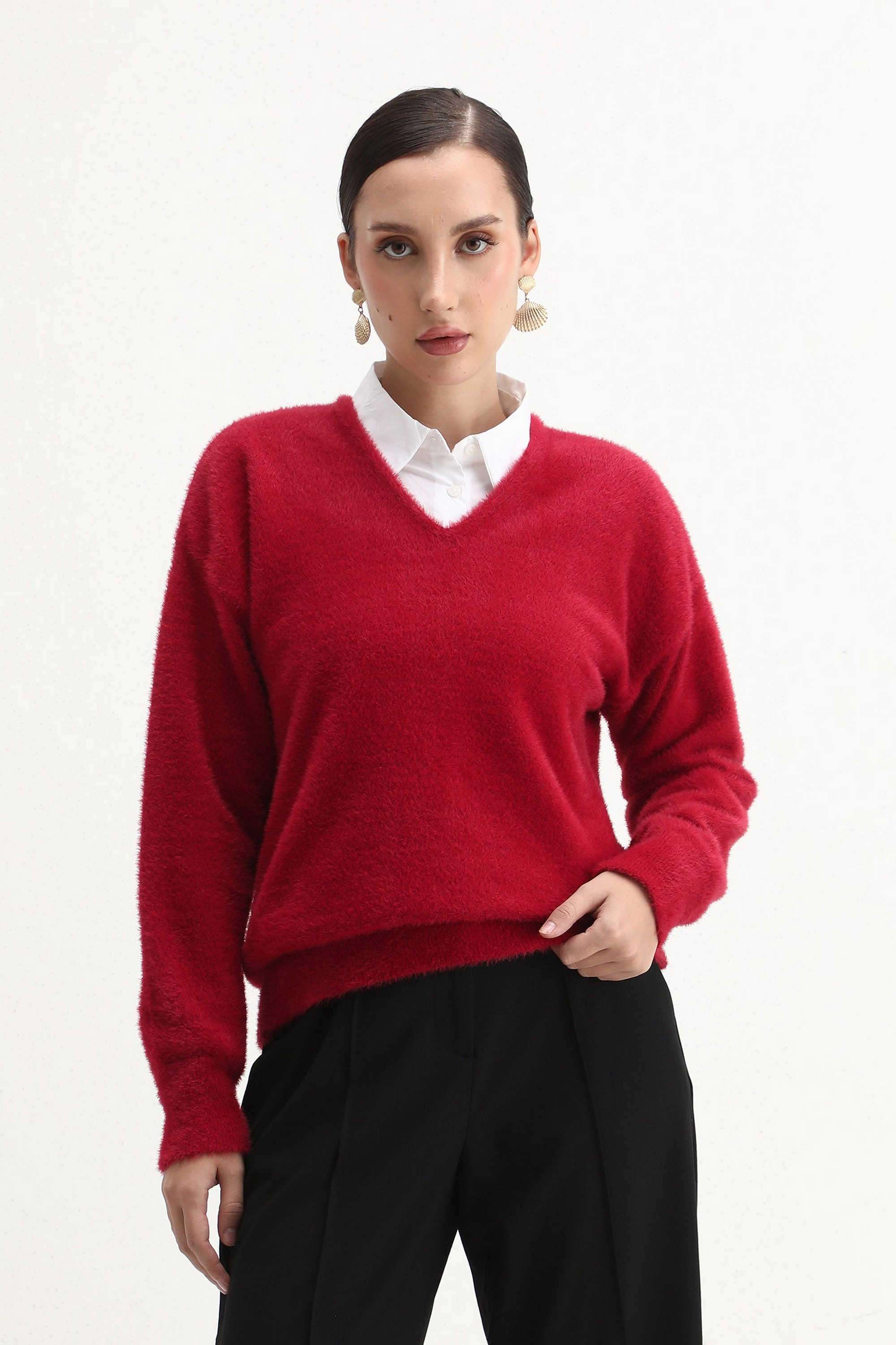 Solid-Nylon-V-Neck-Women-s-Sweater