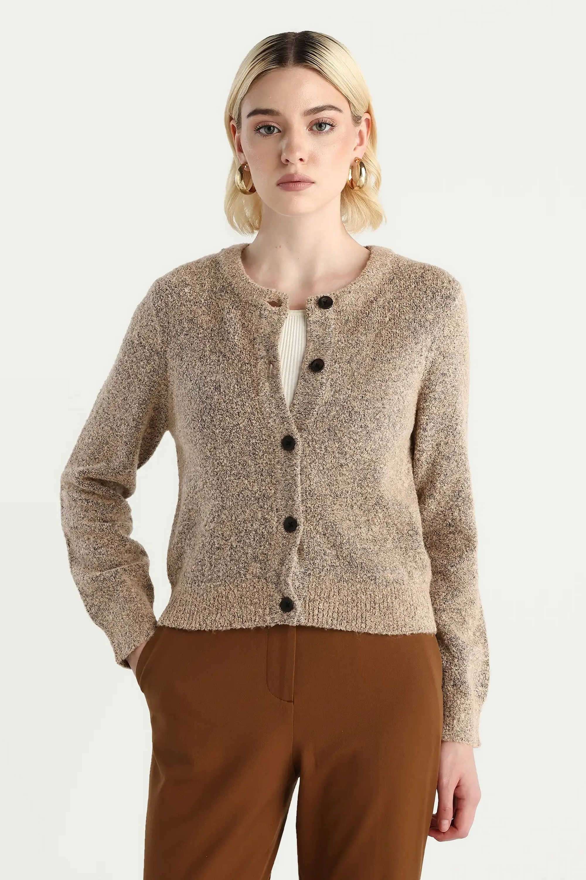 Solid-Round-Neck-Acrylic-Women-s-Casual-Wear-Cardigan