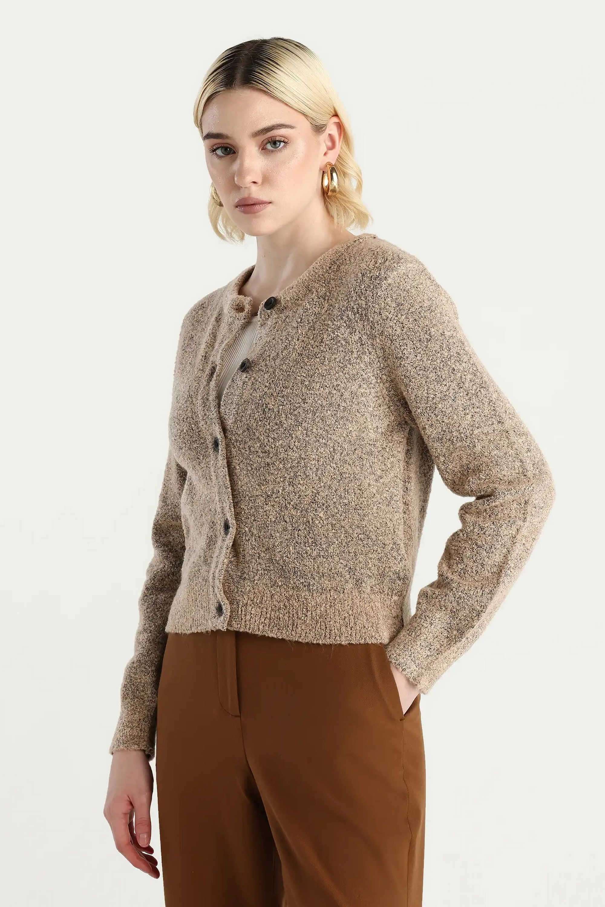 Solid-Round-Neck-Acrylic-Women-s-Casual-Wear-Cardigan