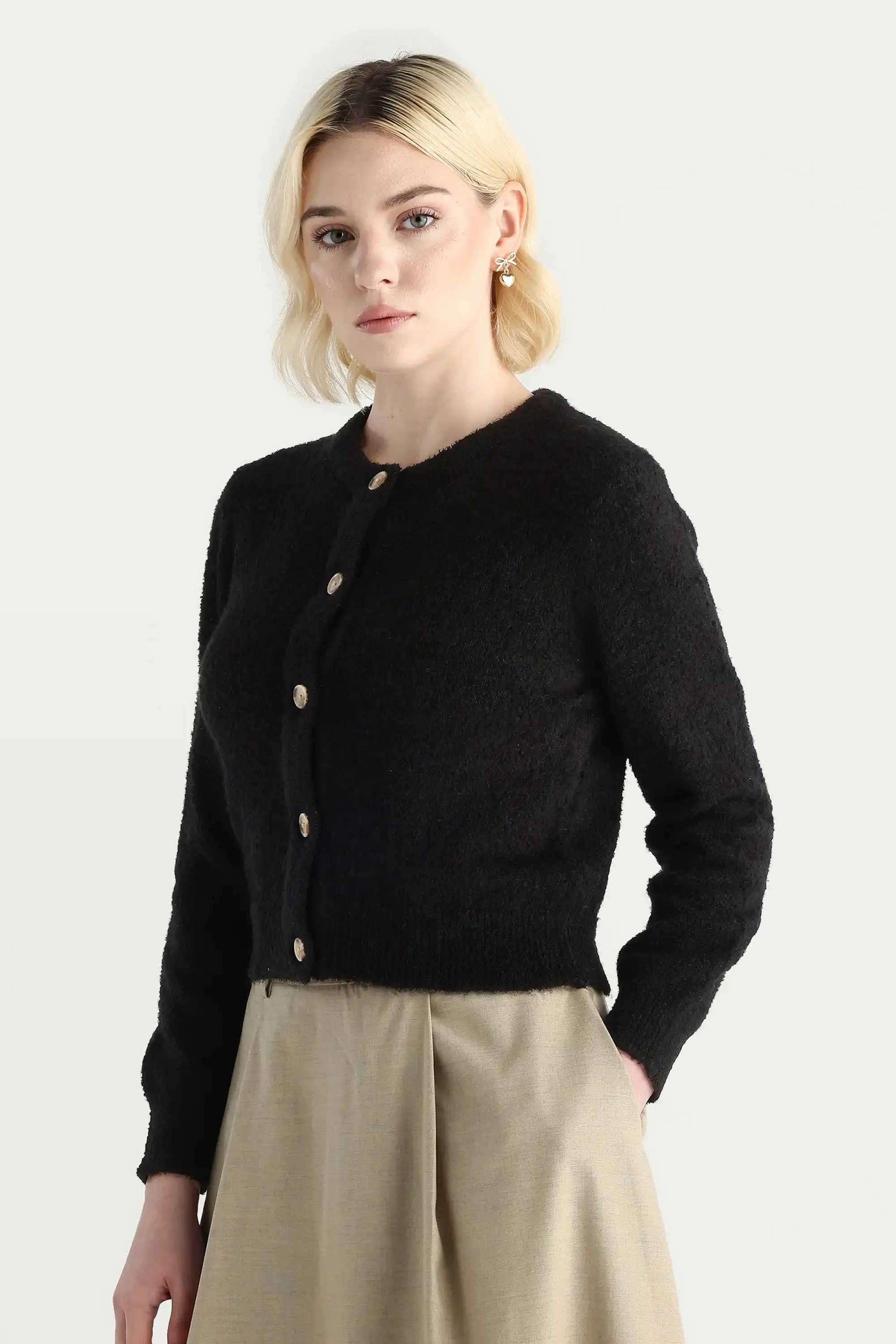 Solid-Round-Neck-Acrylic-Women-s-Casual-Wear-Cardigan