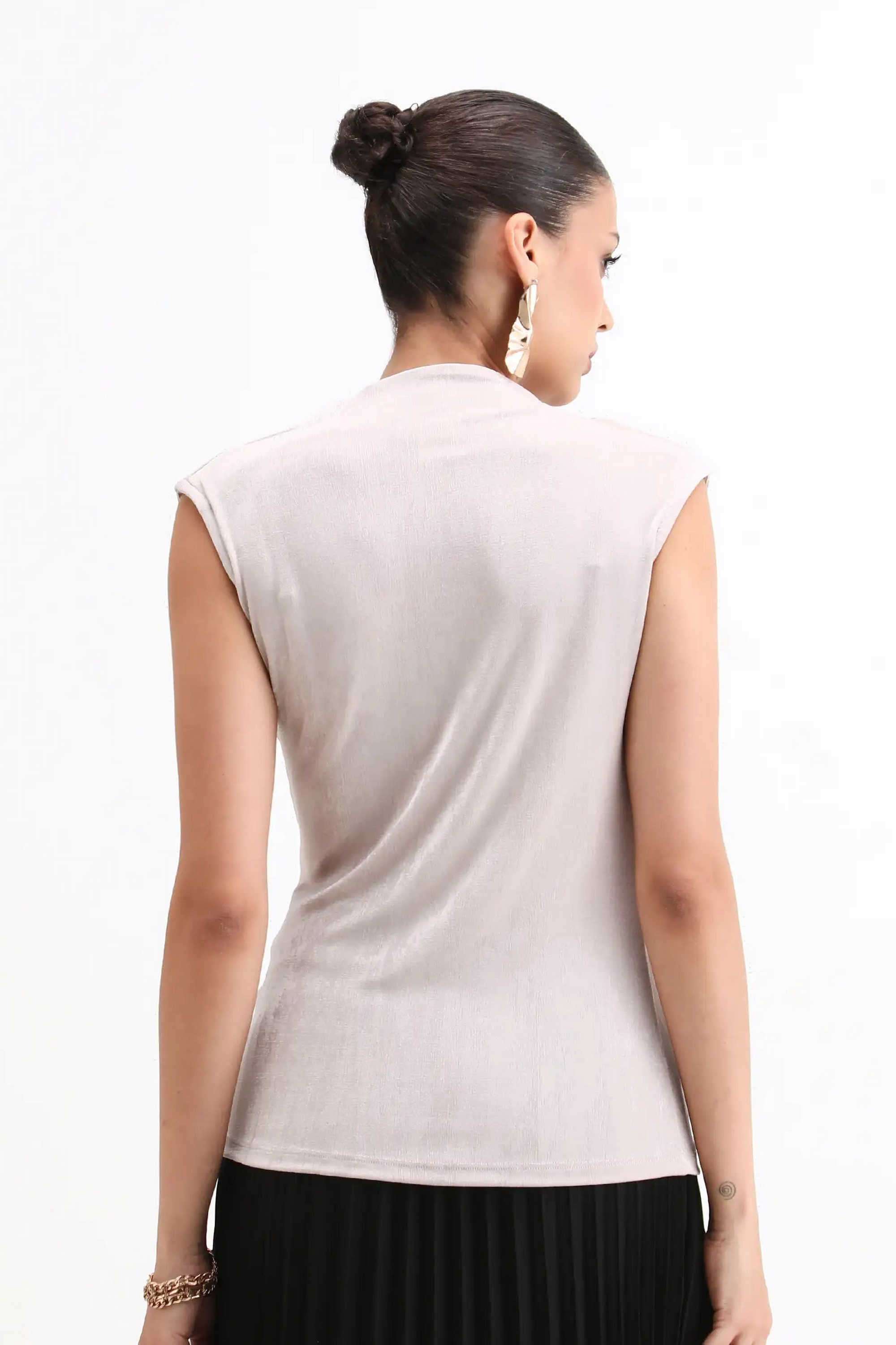 Solid-Cotton-High-Neck-Women-s-Top