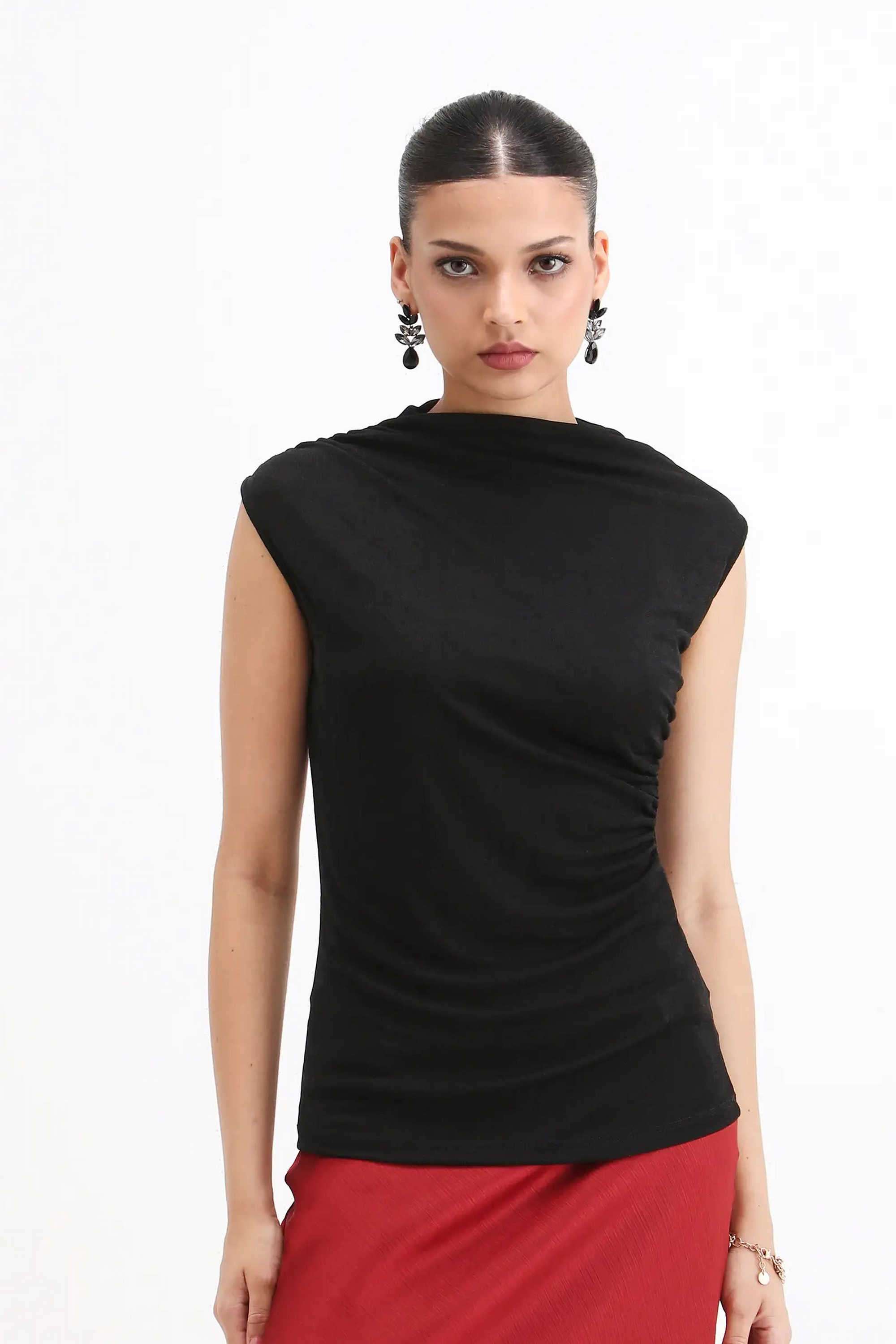 Solid-Cotton-High-Neck-Women-s-Top