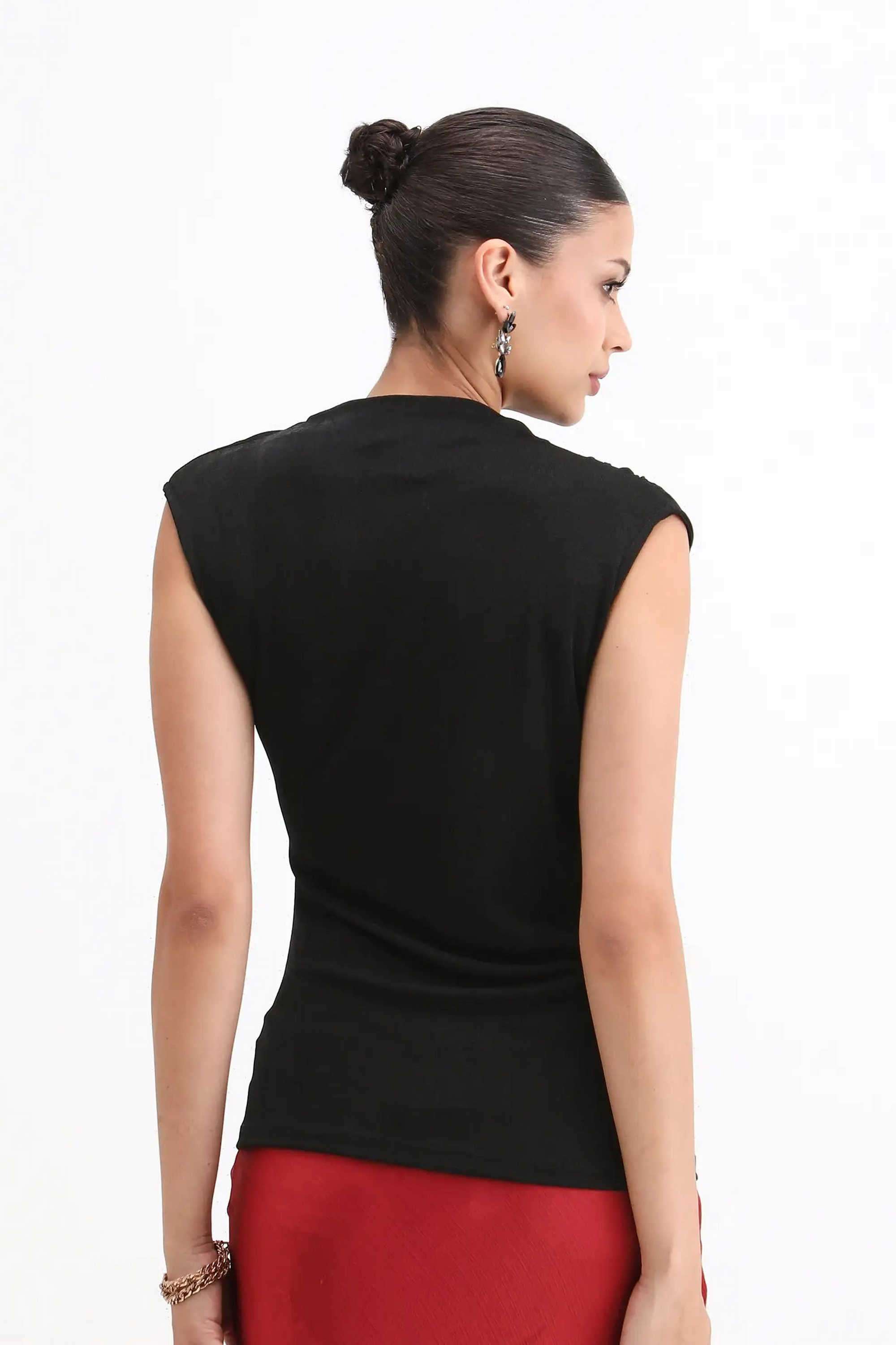 Solid-Cotton-High-Neck-Women-s-Top