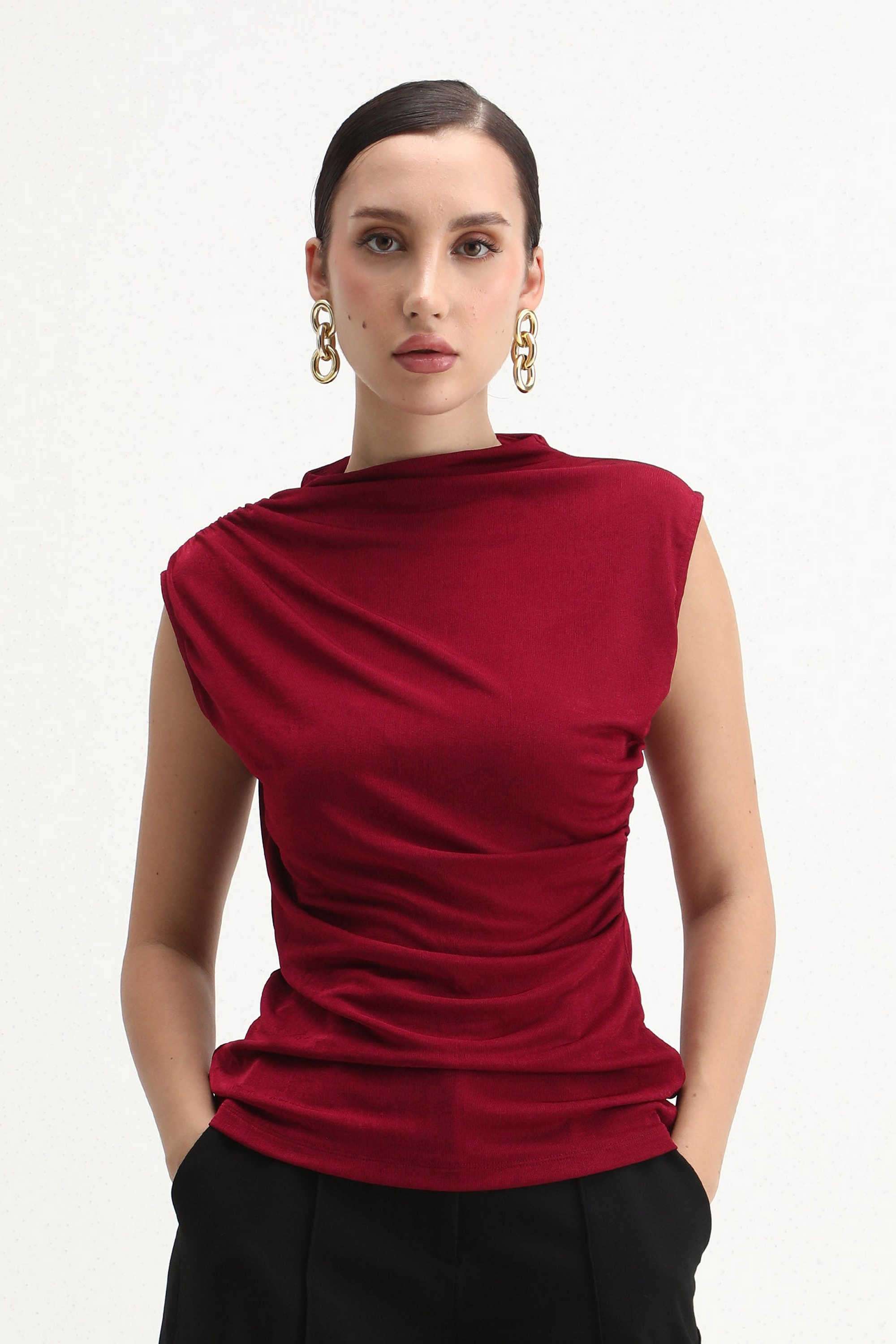 Solid-Cotton-High-Neck-Women-s-Top