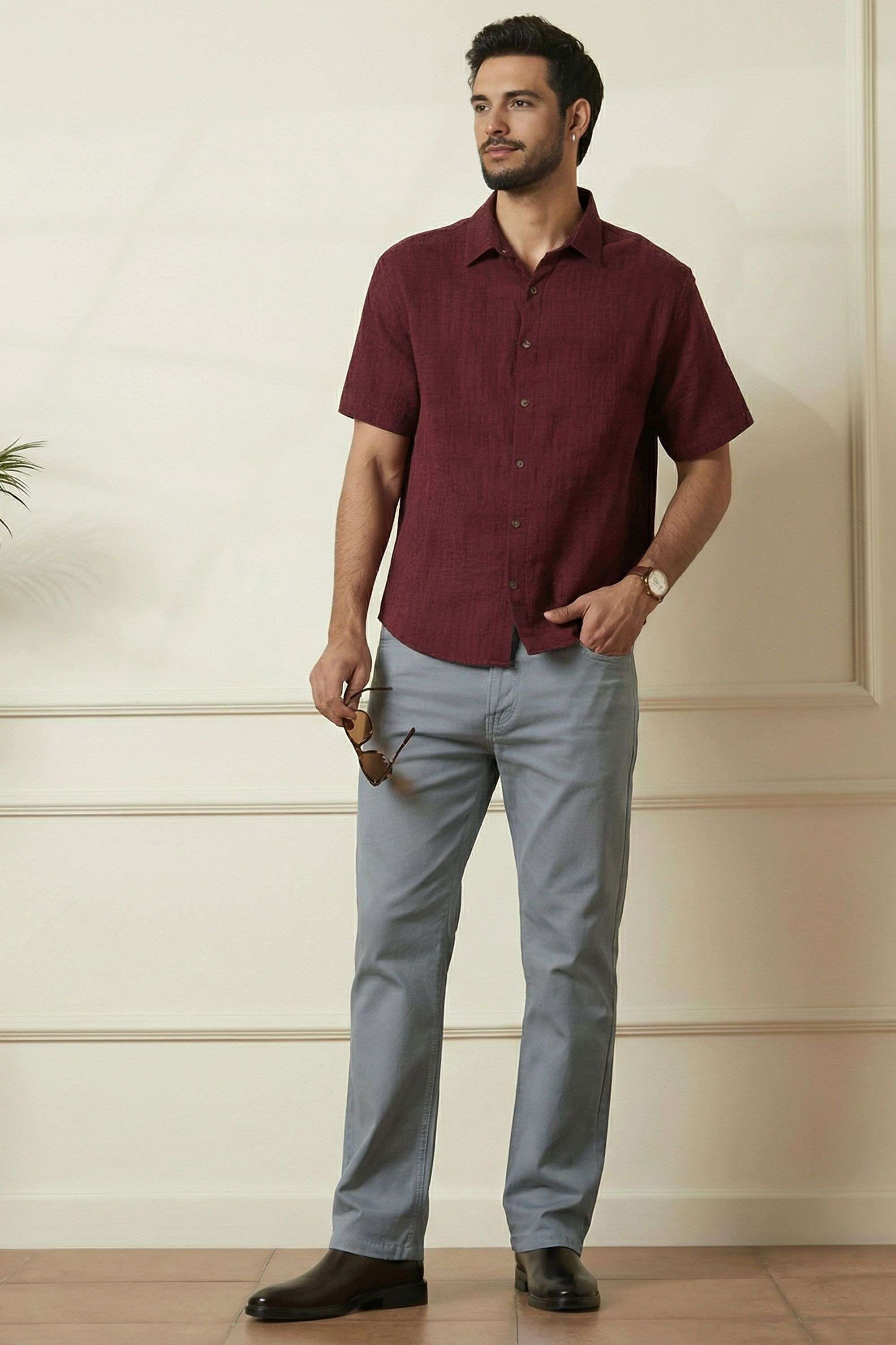 Solid-Blended-Fabric-Regular-Fit-Men-Trousers