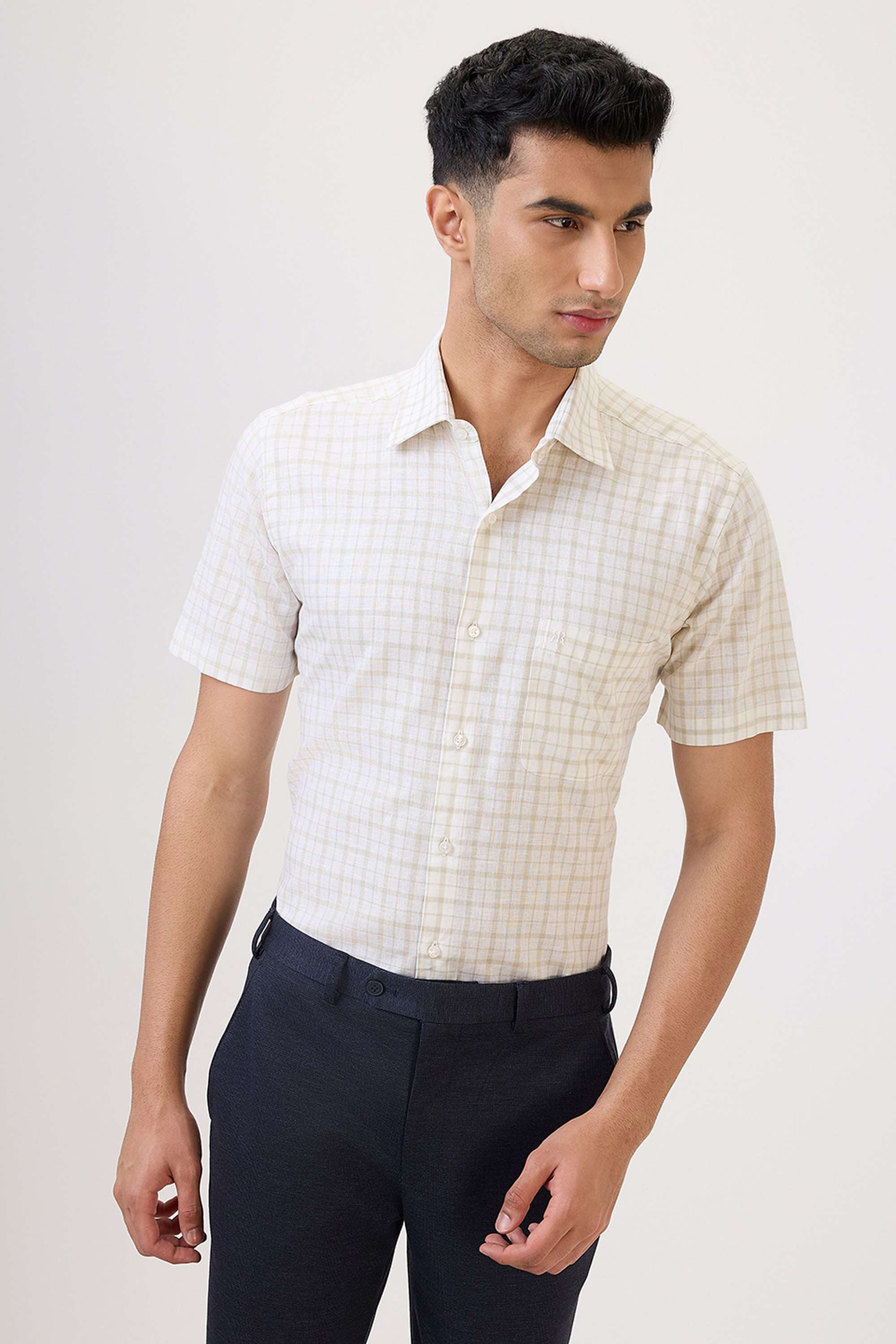Checks-Cotton-Linen-Blend-Regular-Fit-Men-s-Formal-Wear-Shirt