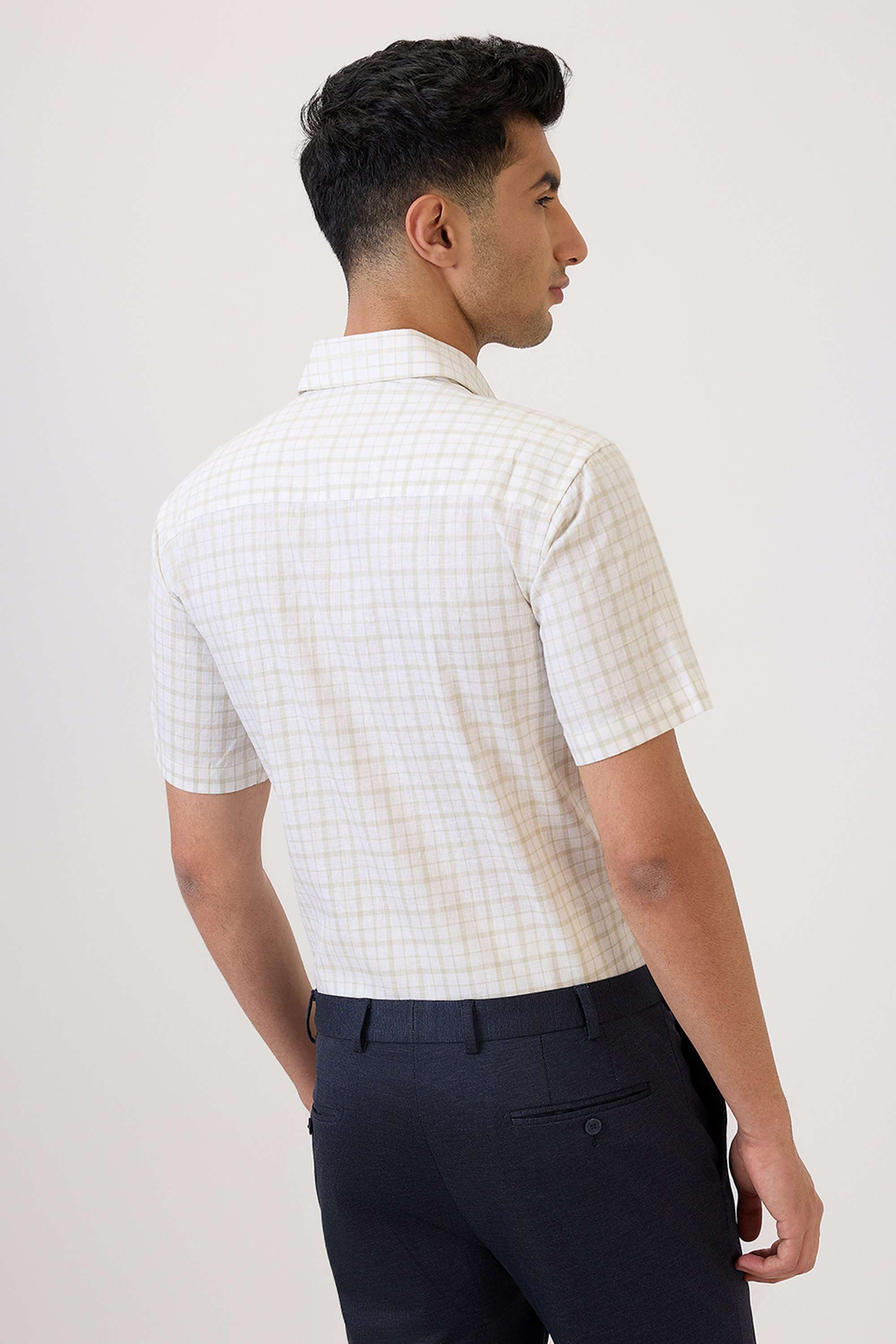 Checks-Cotton-Linen-Blend-Regular-Fit-Men-s-Formal-Wear-Shirt