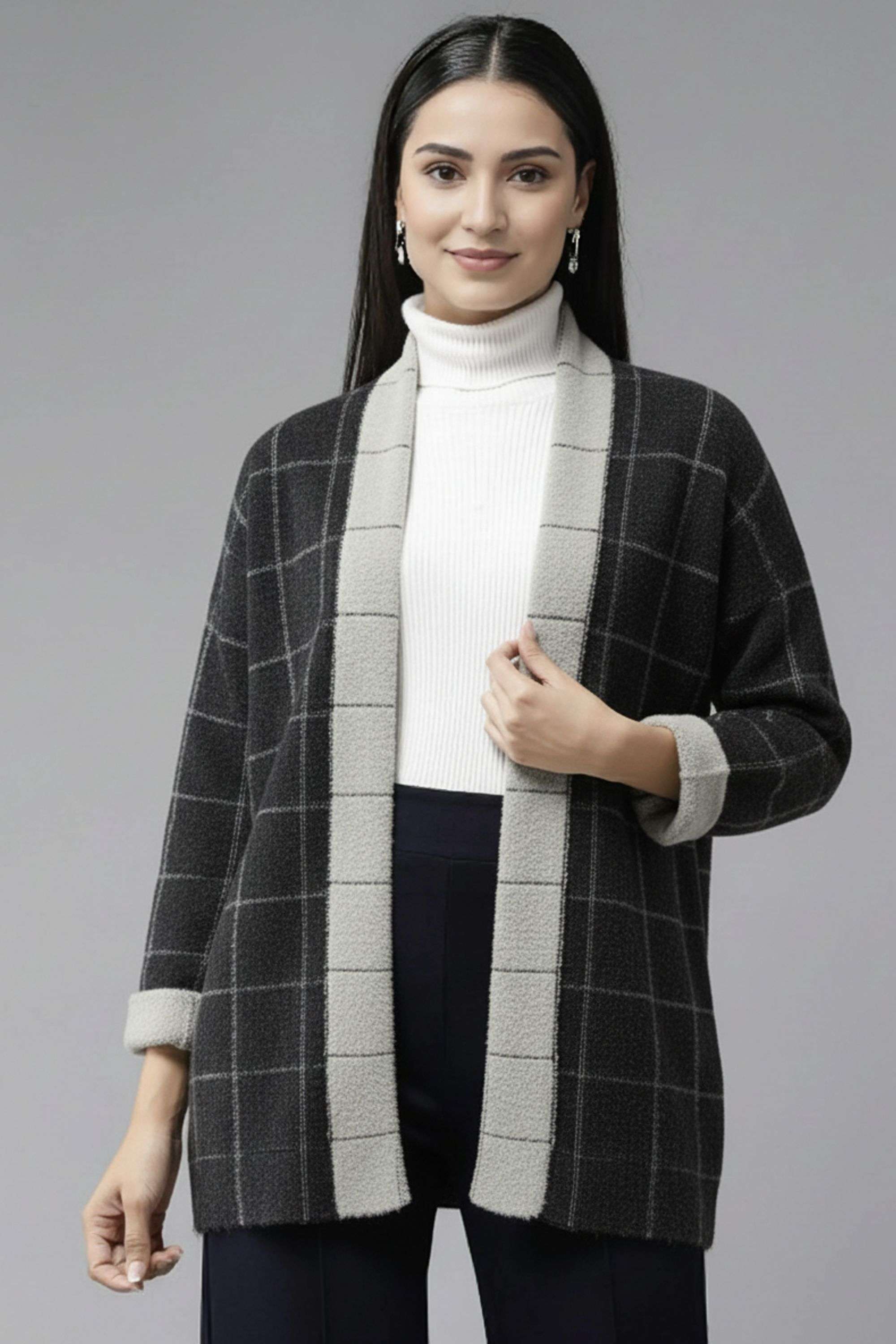 Checks-Turtle-Neck-Blended-Fabric-Women-s-Casual-Wear-Shrug