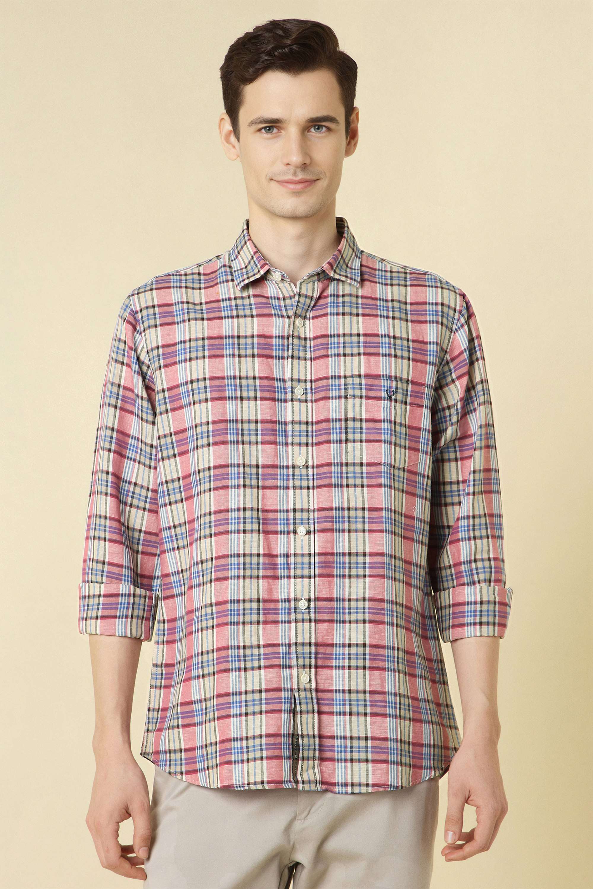 Checks-Cotton-Linen-Blend-Regular-Fit-Men-s-Formal-Shirt