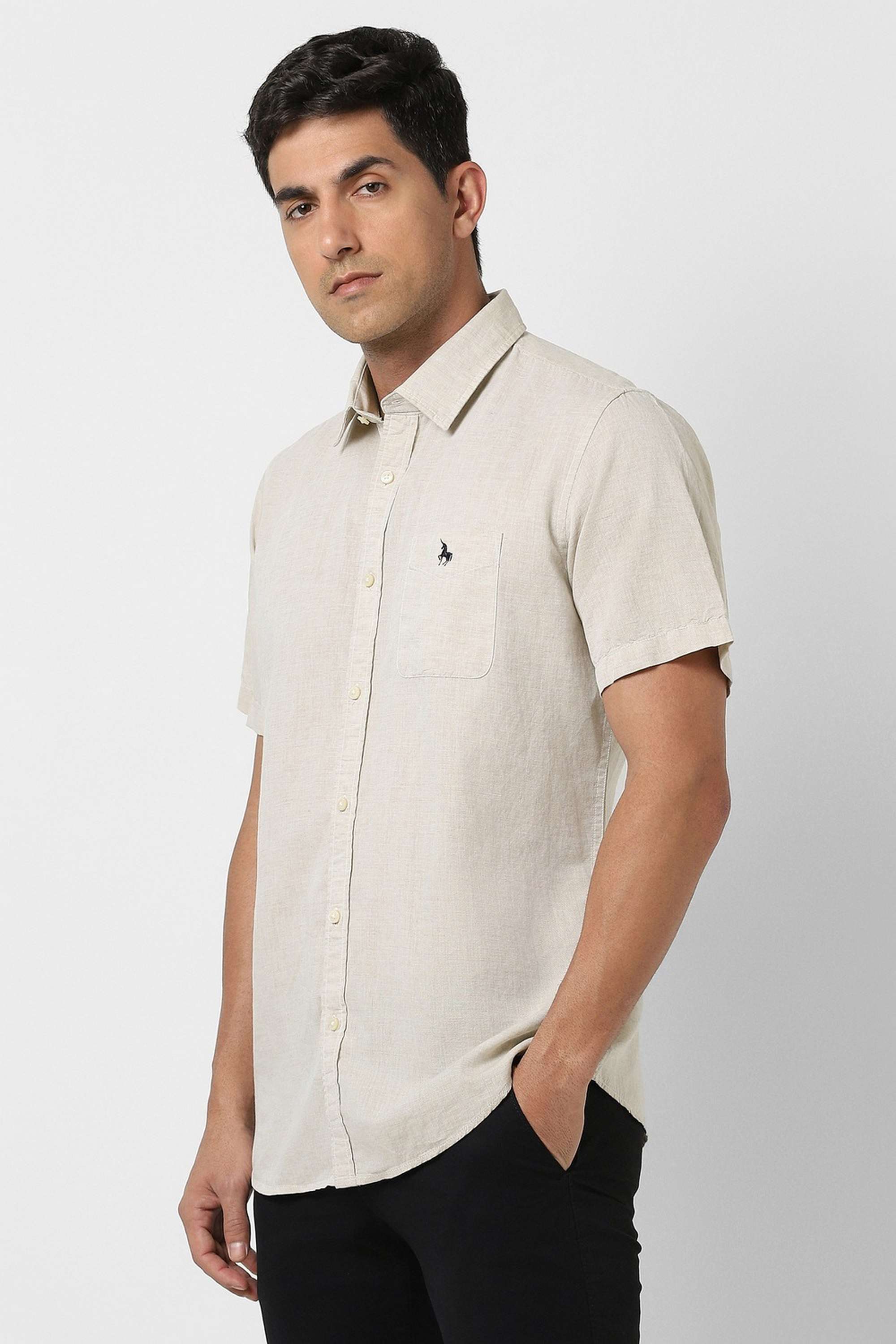 Buy Van Heusen Light Khaki Solid Cotton-Linen Blend Slim Fit Men's