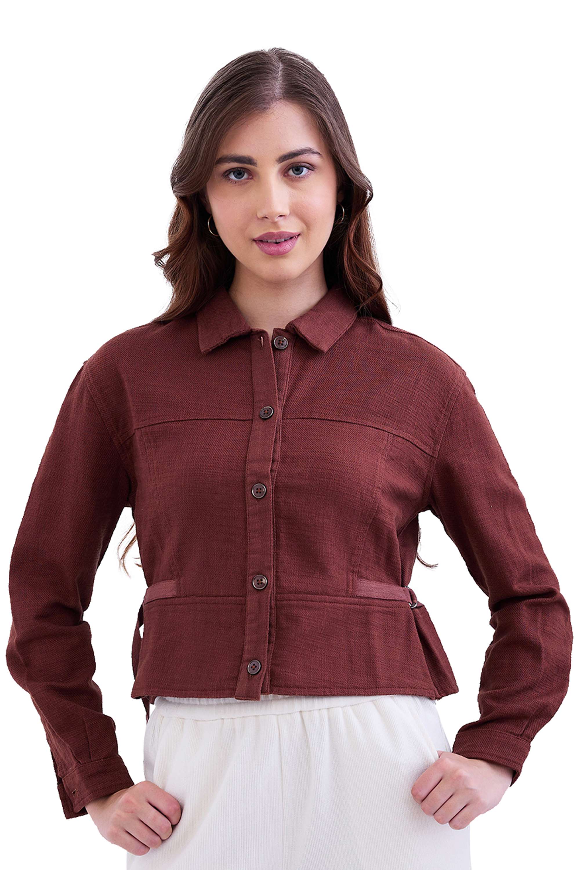 Solid-Blended-Fabric-Collared-Women-s-Top