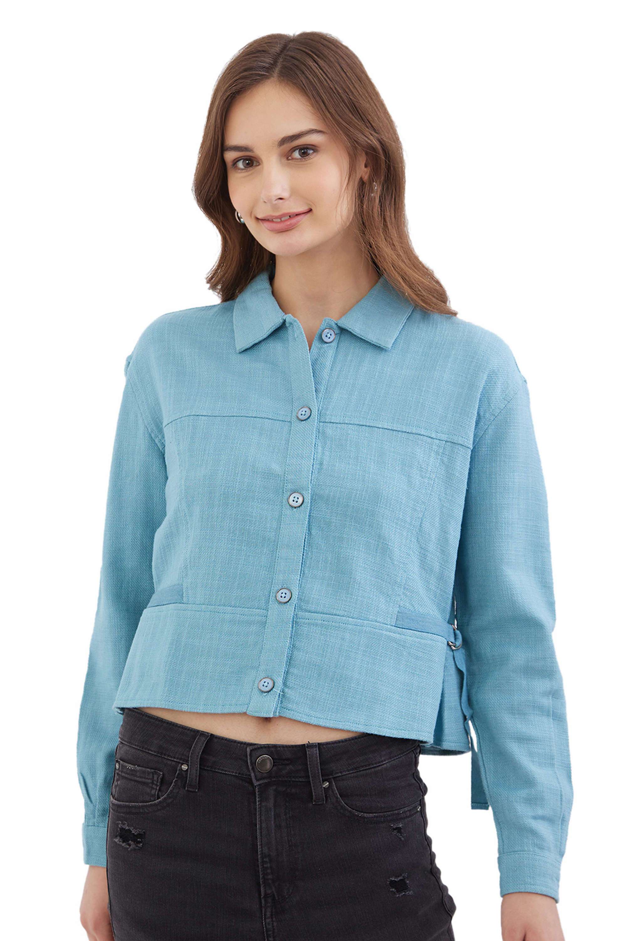Solid-Blended-Fabric-Collared-Women-s-Top