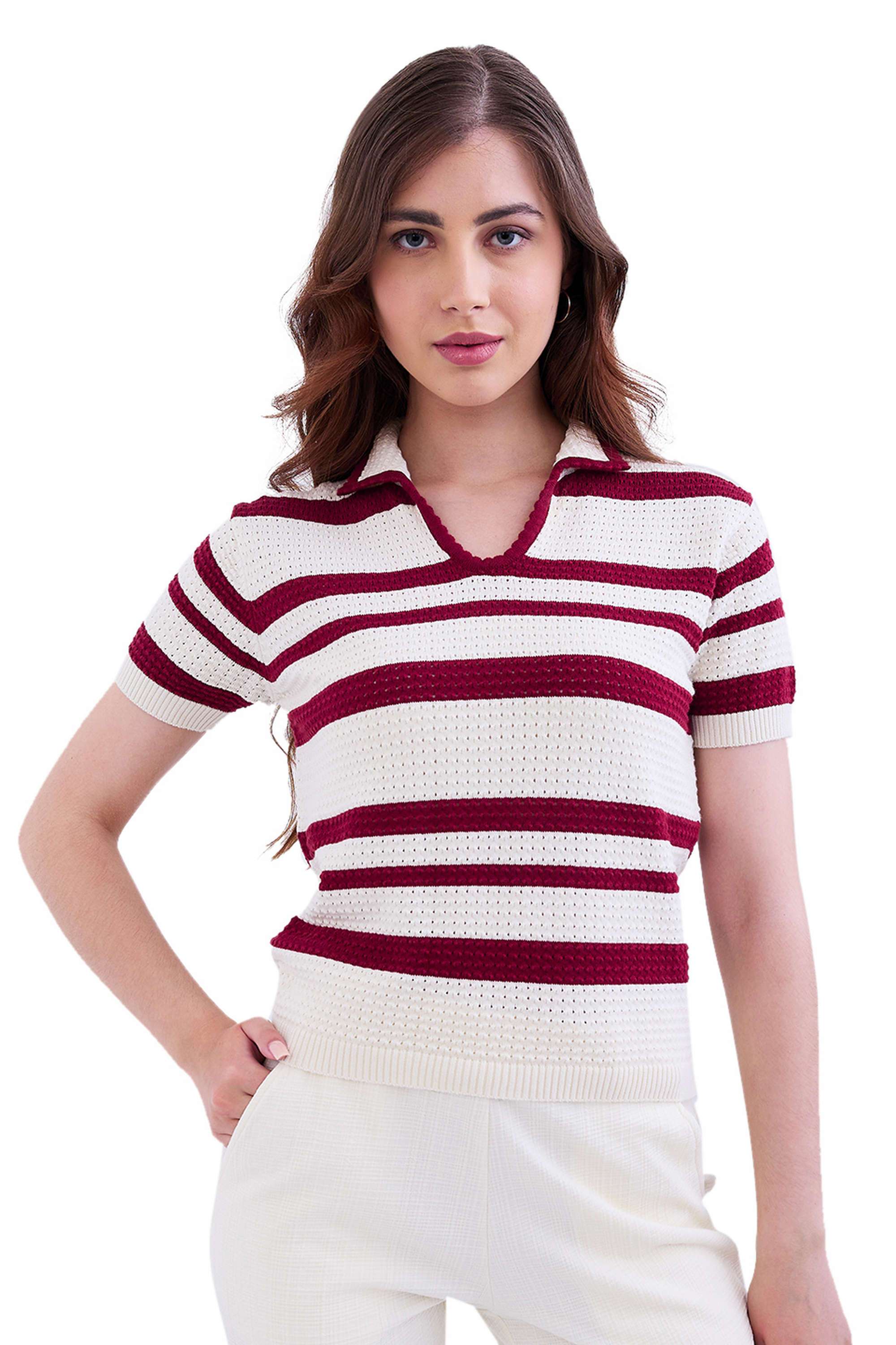 Stripes-Johnny-Collar-Blended-Fabric-Women-s-Casual-Wear-Sweater