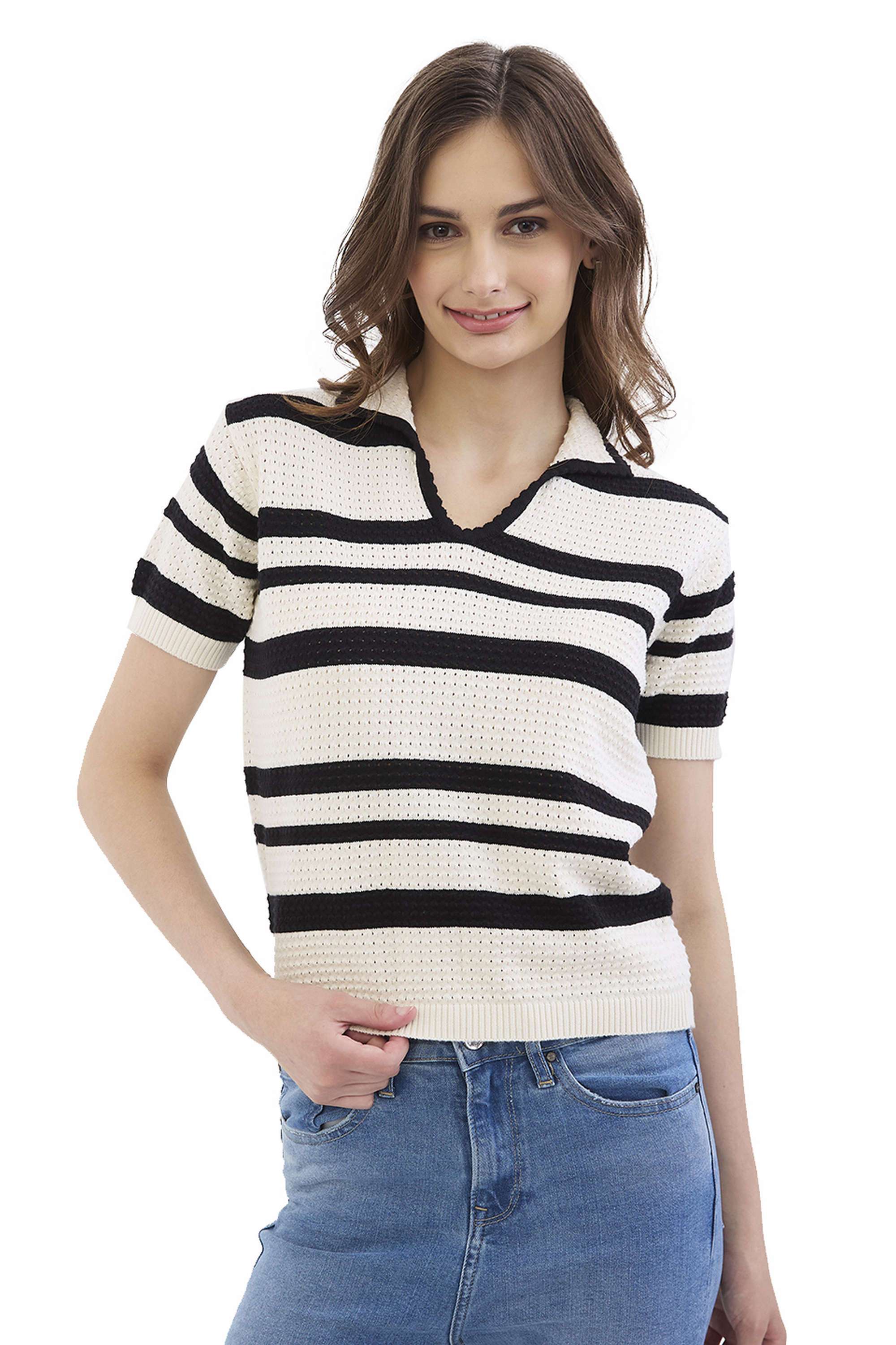 Stripes-Johnny-Collar-Blended-Fabric-Women-s-Casual-Wear-Sweater