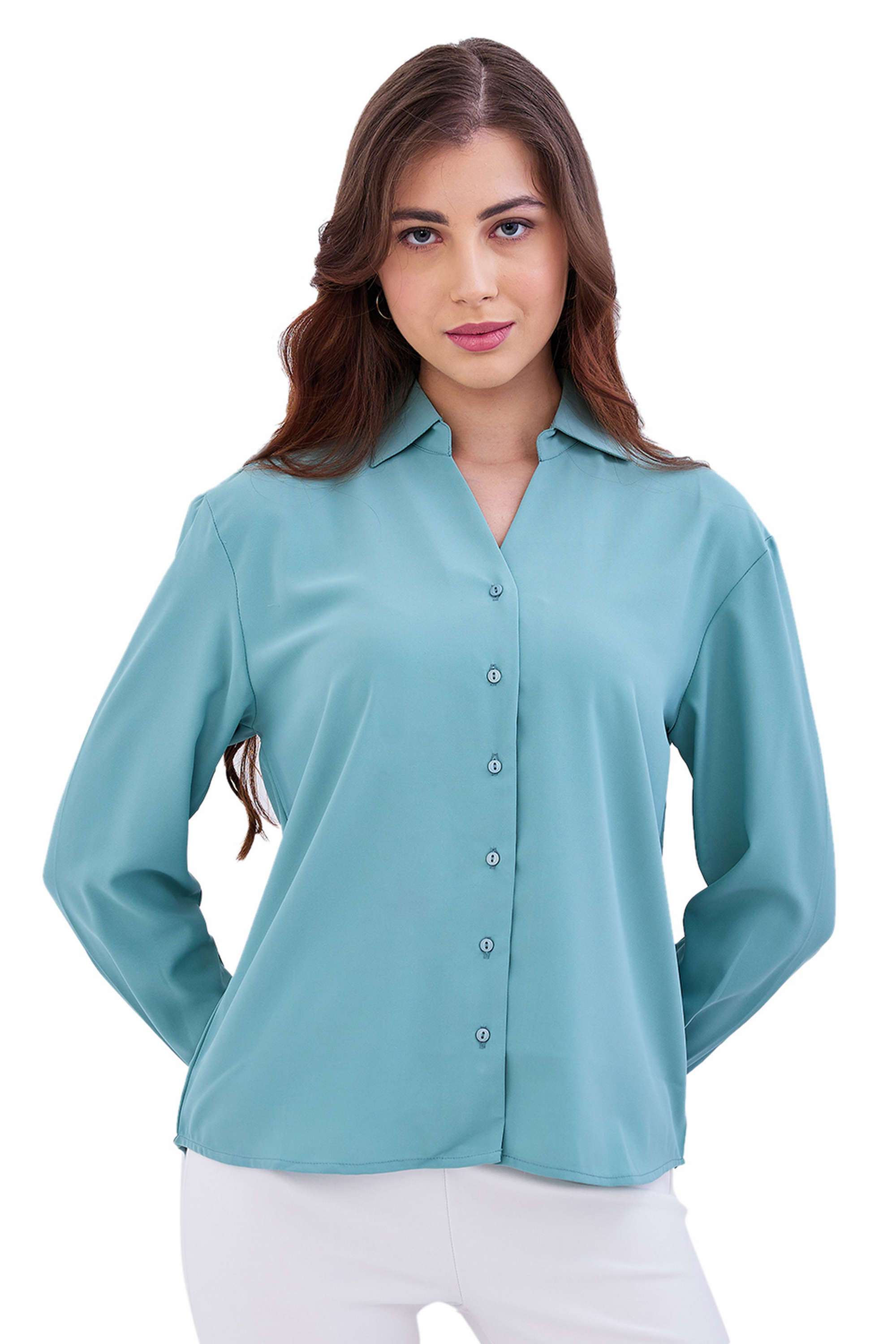 Solid-Classic-Collar-Blended-Fabric-Women-s-Casual-Wear-Shirt