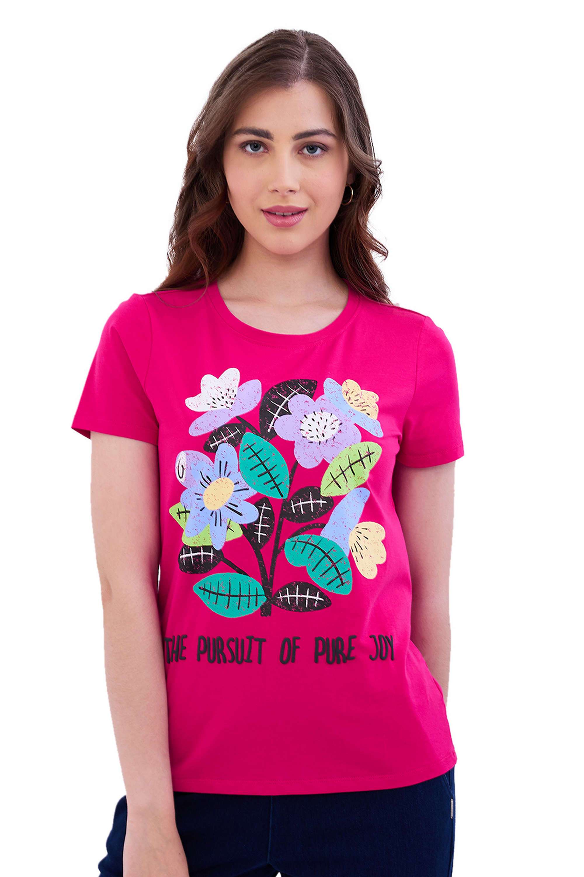 Graphic-Print-Blended-Fabric-Round-Neck-Women-s-T-Shirt