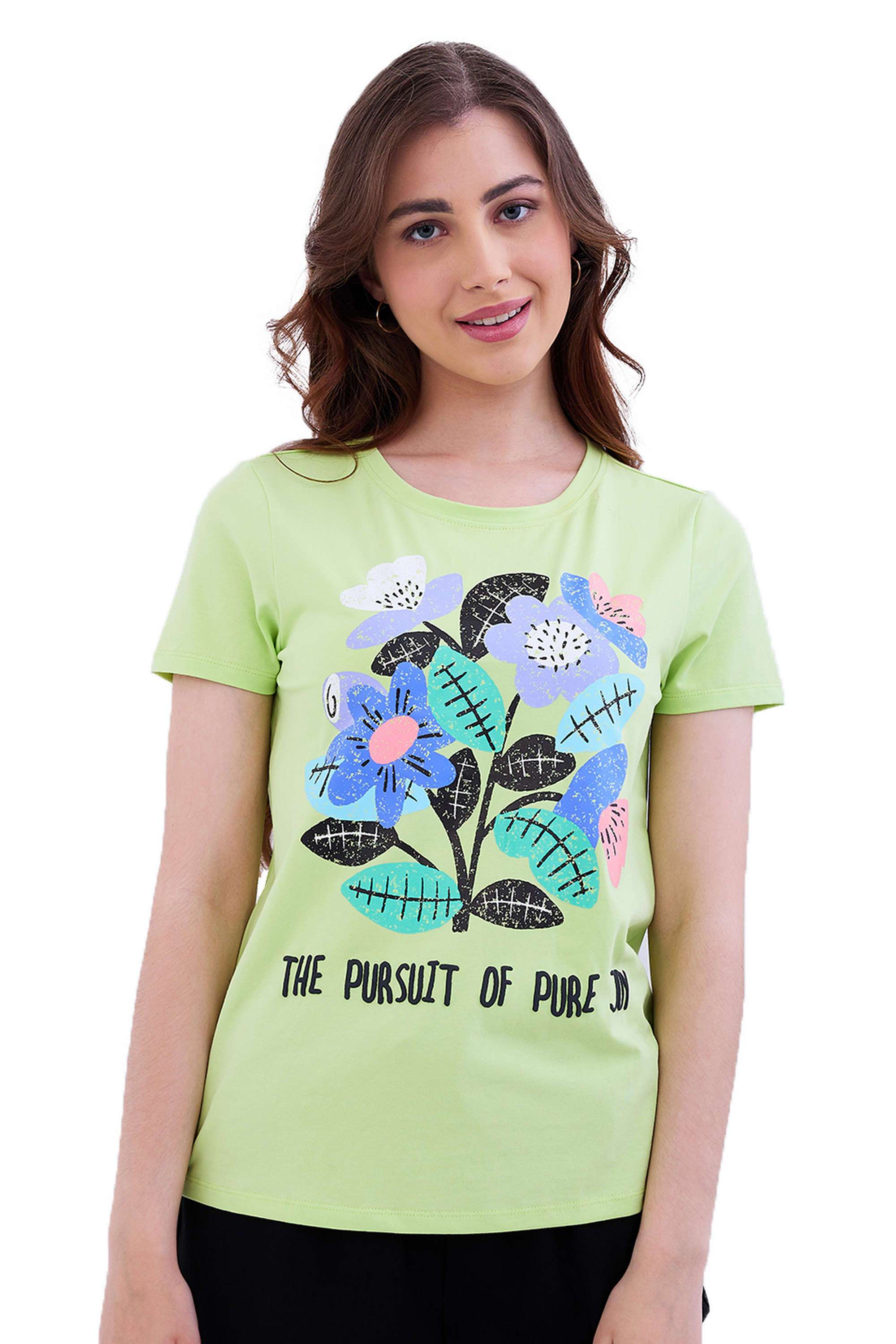 Graphic-Print-Blended-Fabric-Round-Neck-Women-s-T-Shirt