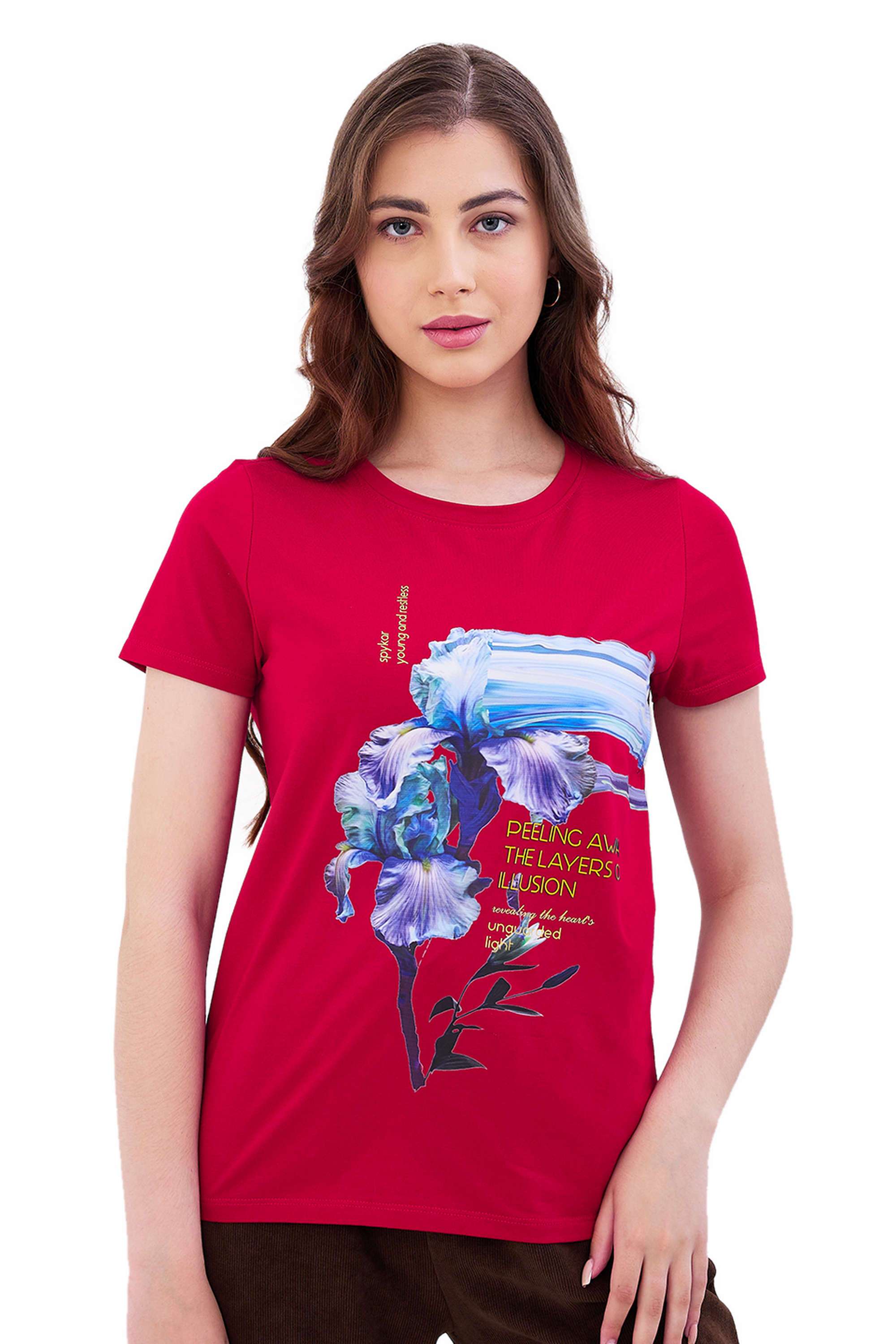 Graphic-Print-Blended-Fabric-Round-Neck-Women-s-T-Shirt