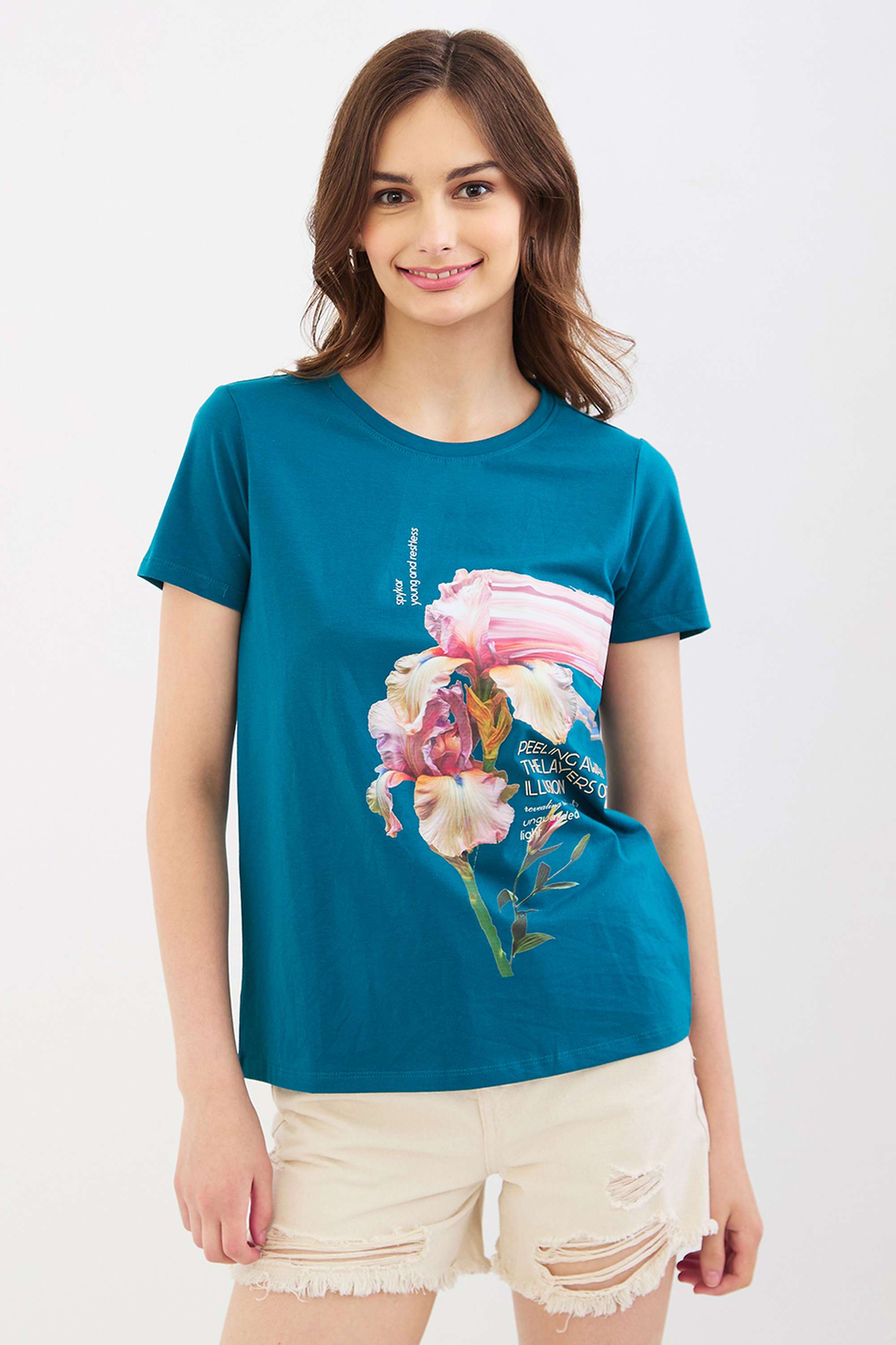 Graphic-Print-Blended-Fabric-Round-Neck-Women-s-T-Shirt