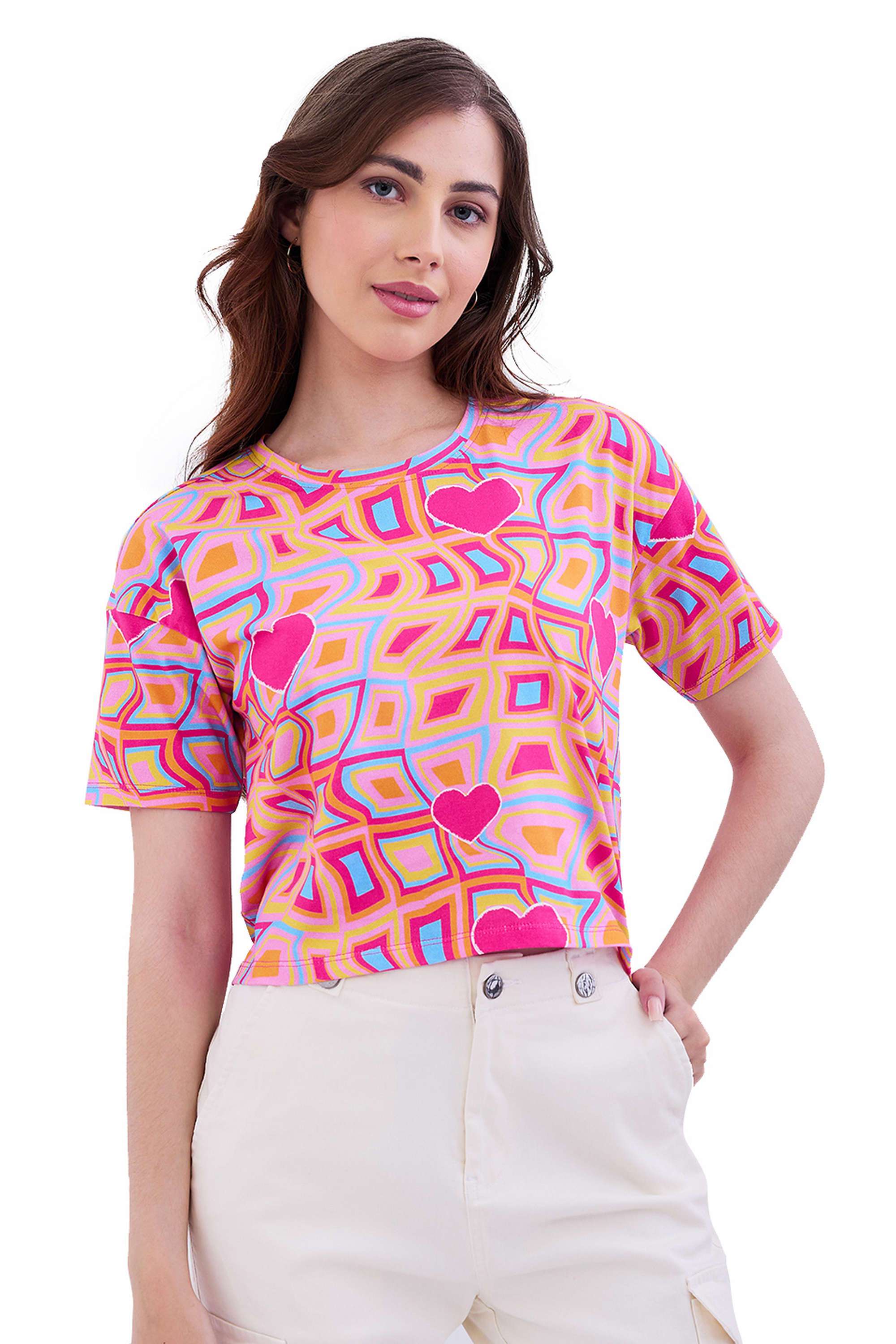 Graphic-Print-Blended-Fabric-Round-Neck-Women-s-T-Shirt