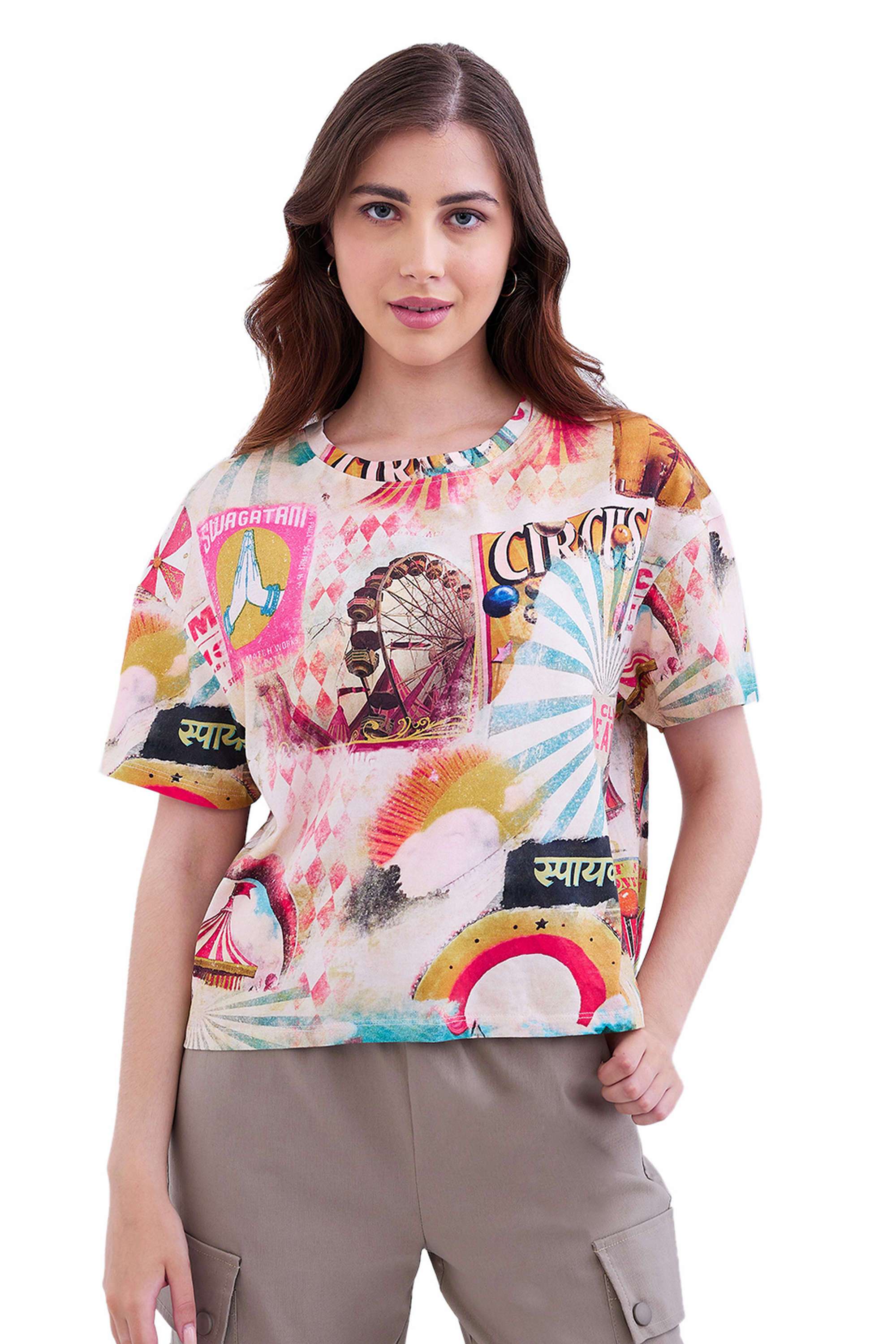 Graphic-Print-Blended-Fabric-Round-Neck-Women-s-T-Shirt