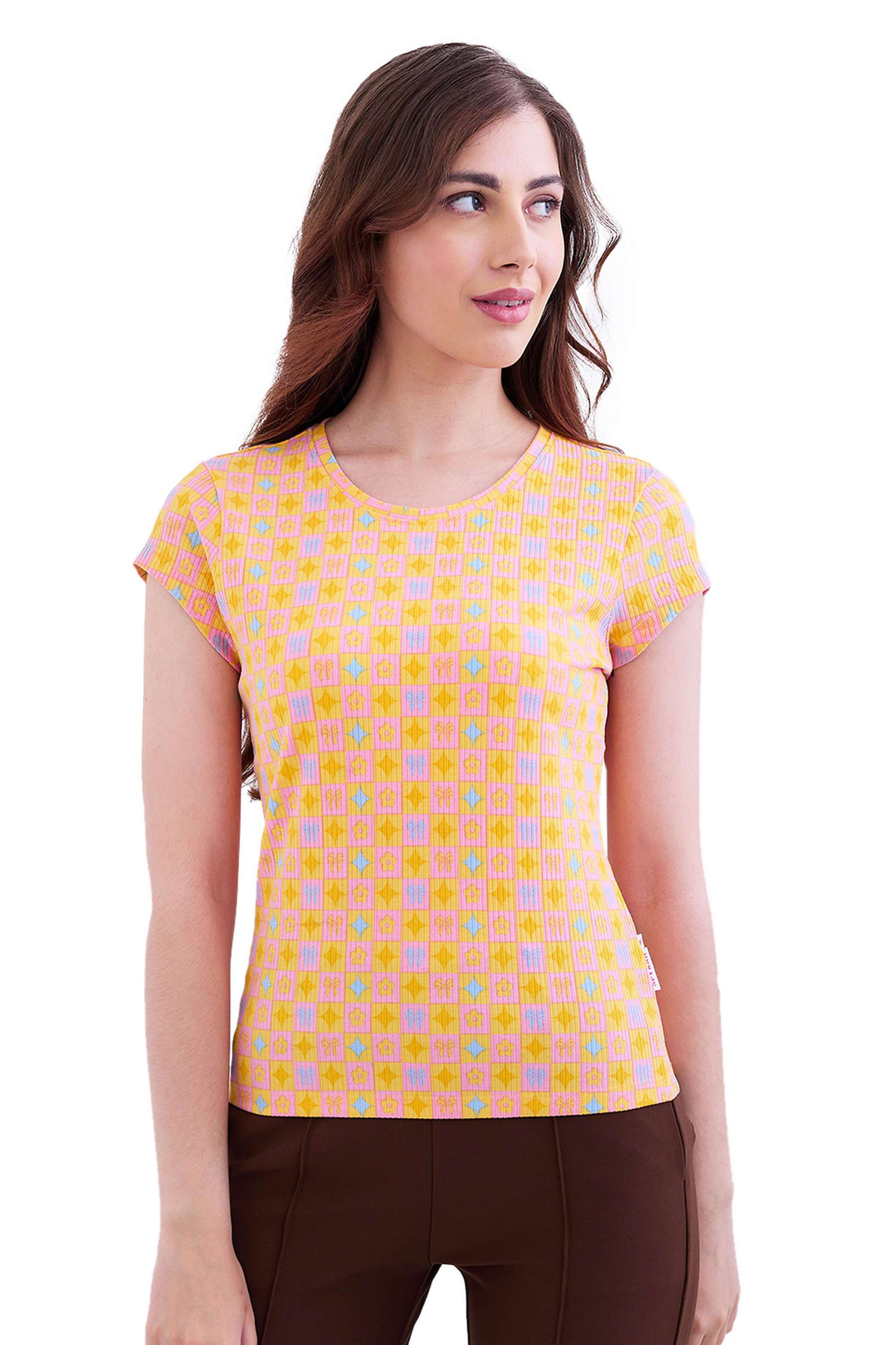 Geometric-Print-Blended-Fabric-Round-Neck-Women-s-T-Shirt