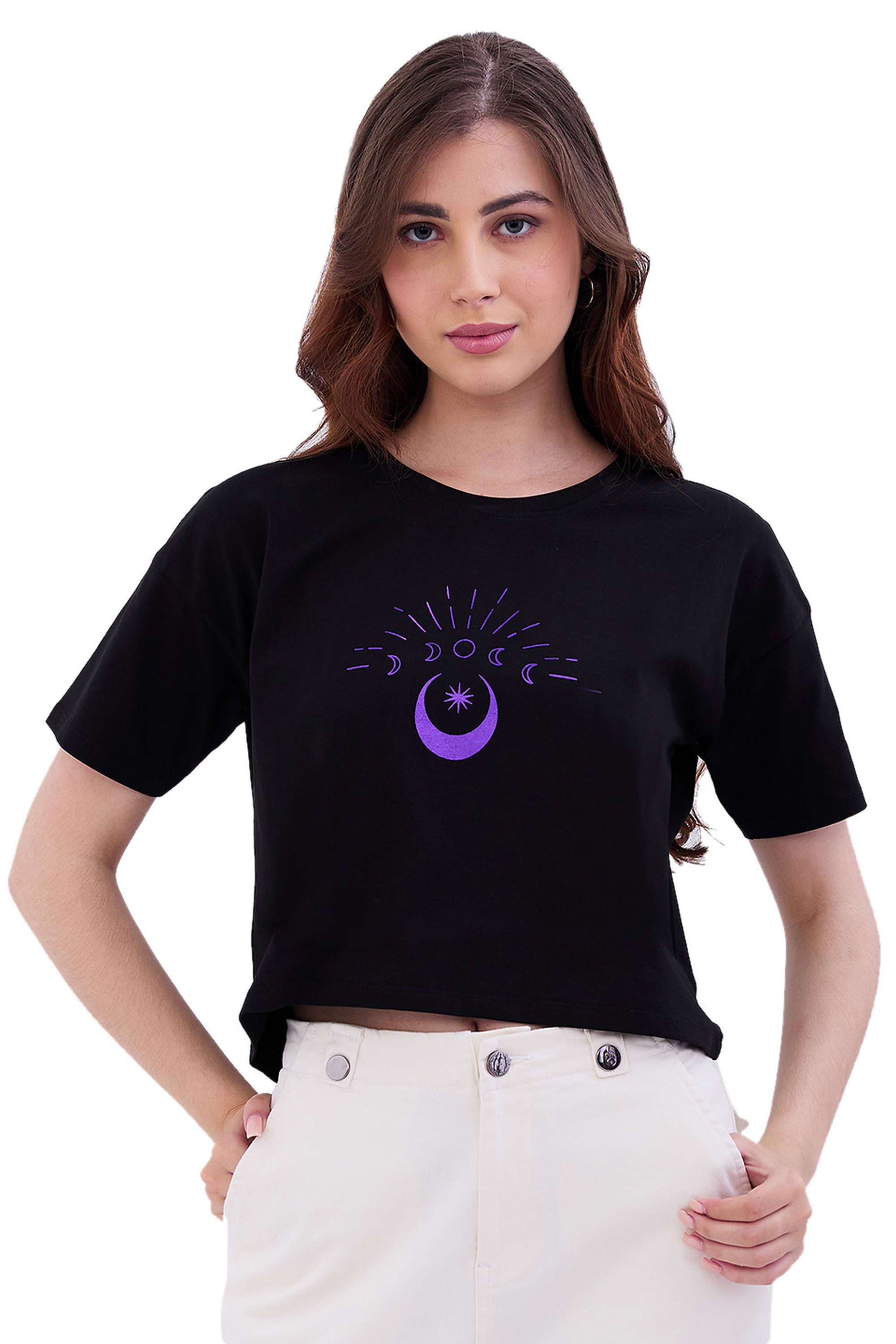 Graphic-Print-Blended-Fabric-Round-Neck-Women-s-T-Shirt