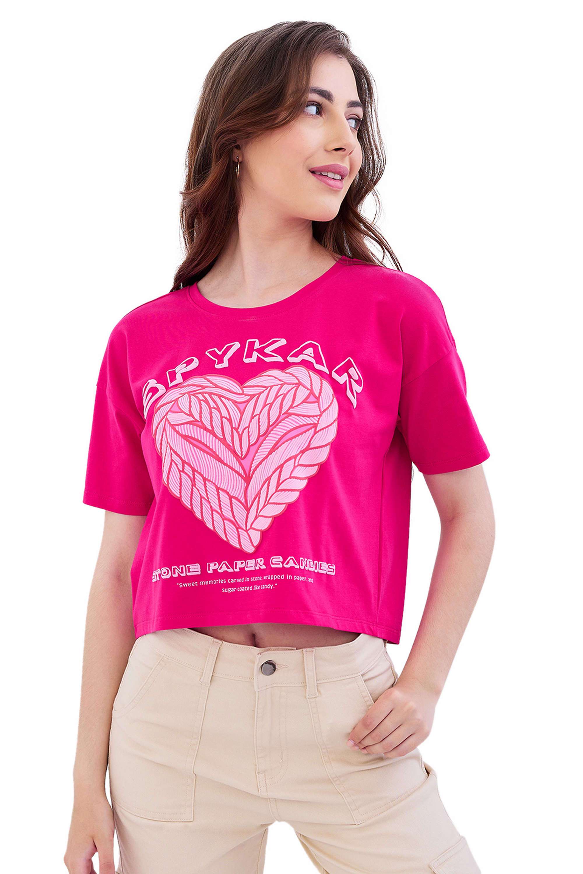 Graphic-Print-Blended-Fabric-Round-Neck-Women-s-T-Shirt