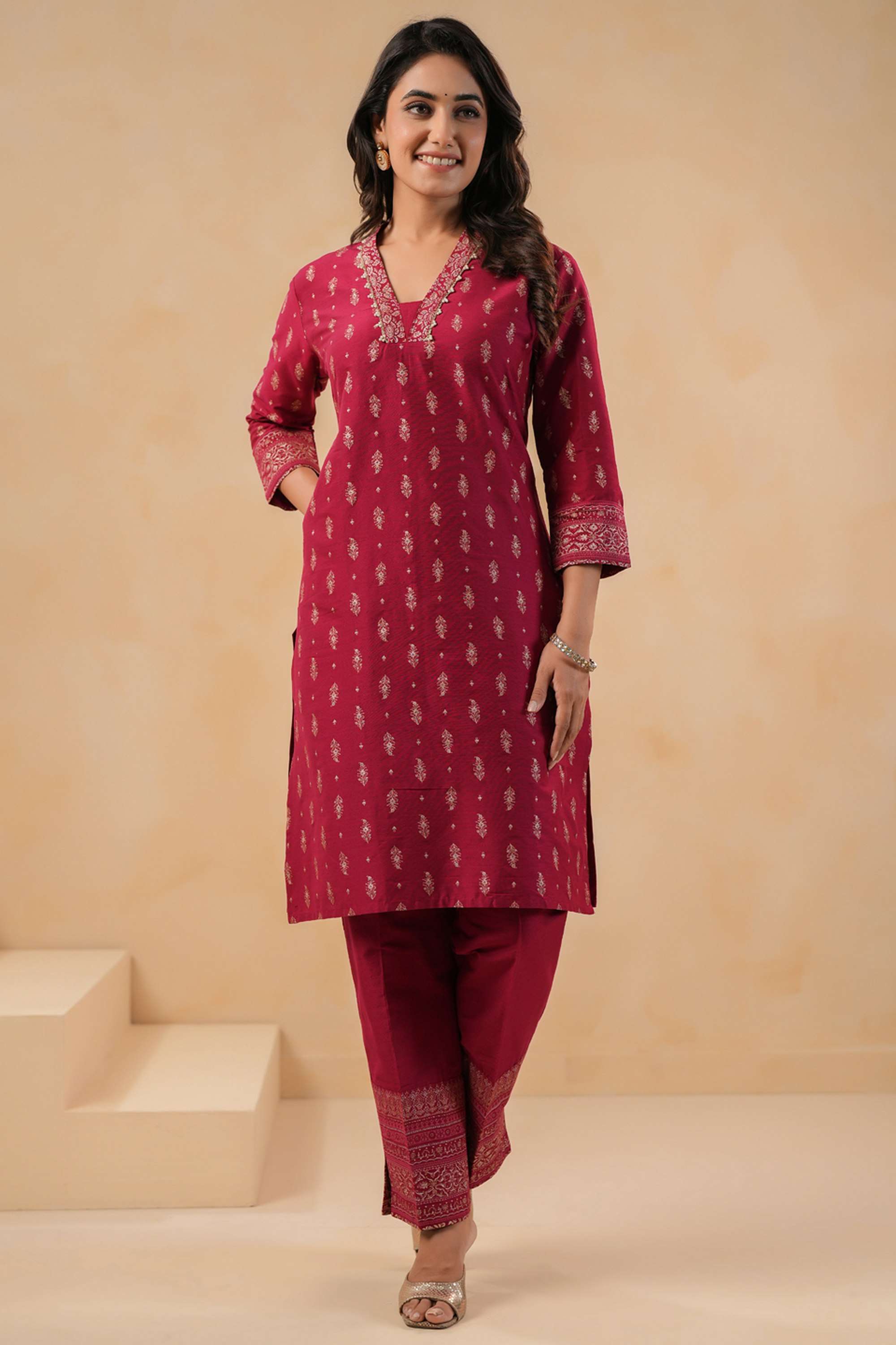 Printed-3/4-Sleeves-Silk-Women-Co-Ord-Set