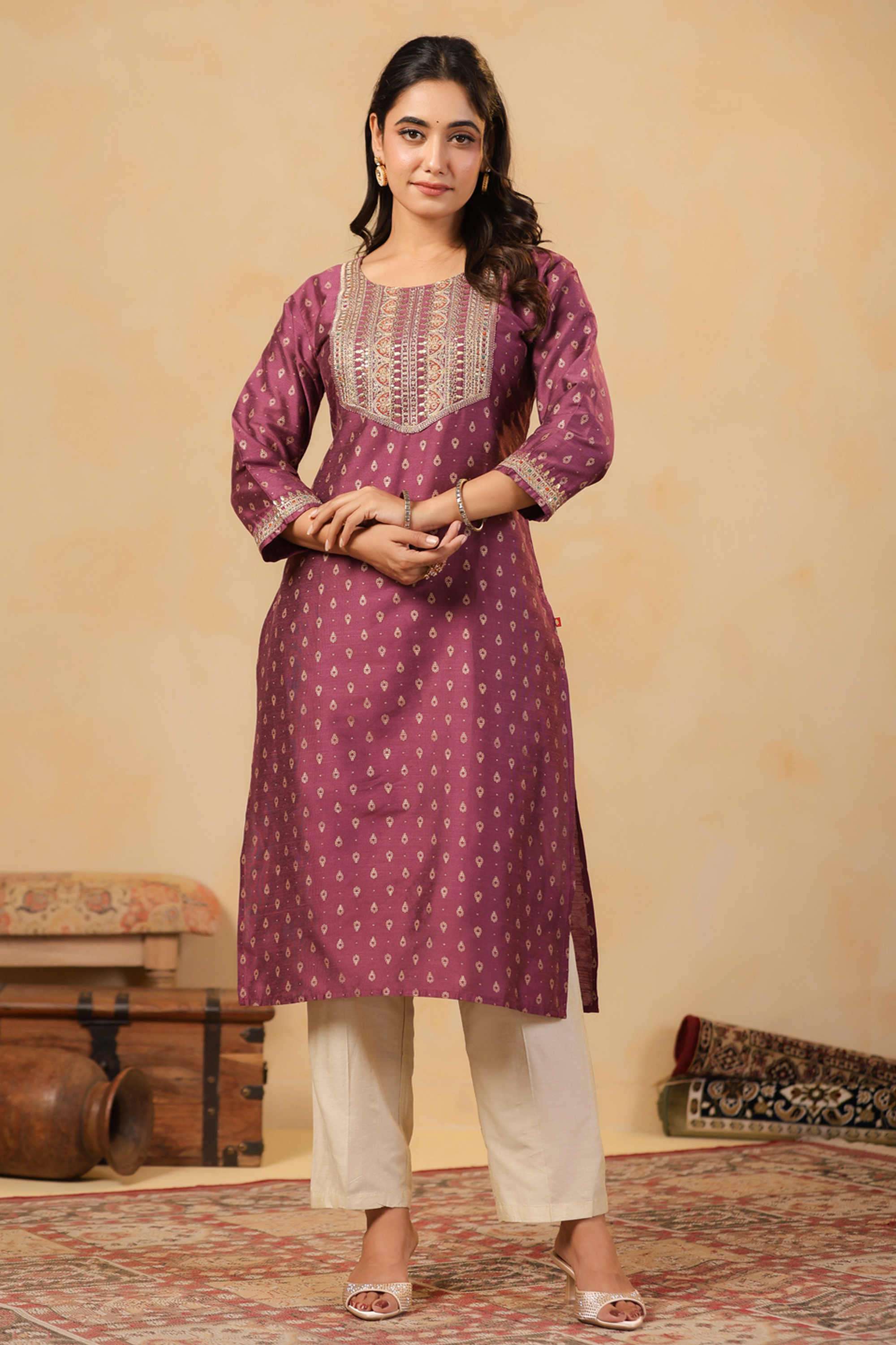 Printed-Silk-Round-Neck-Women-s-Festive-Wear-Kurta