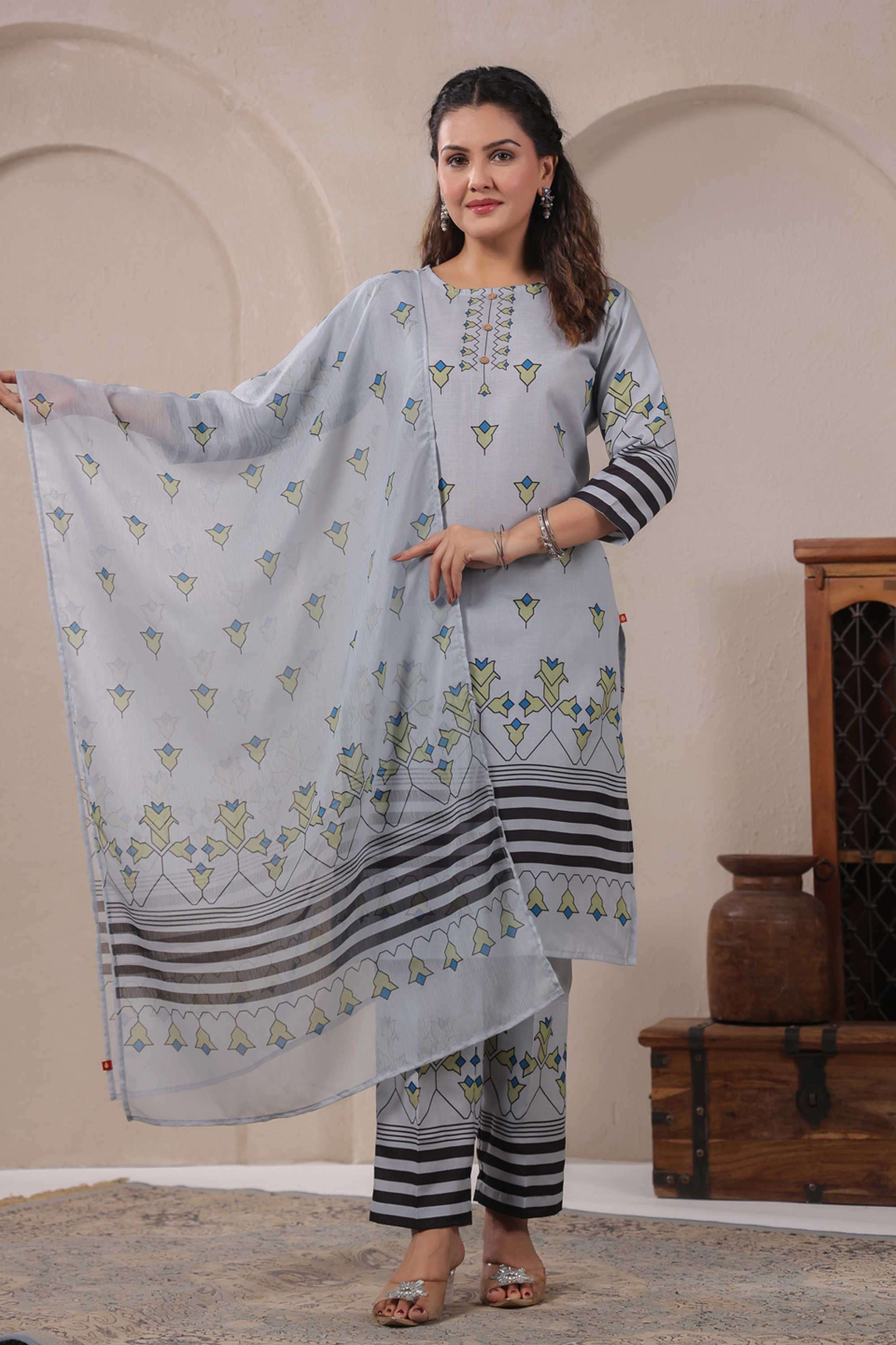 Printed-Cotton-Round-Neck-Women-s-Casual-Wear-Kurta-Set