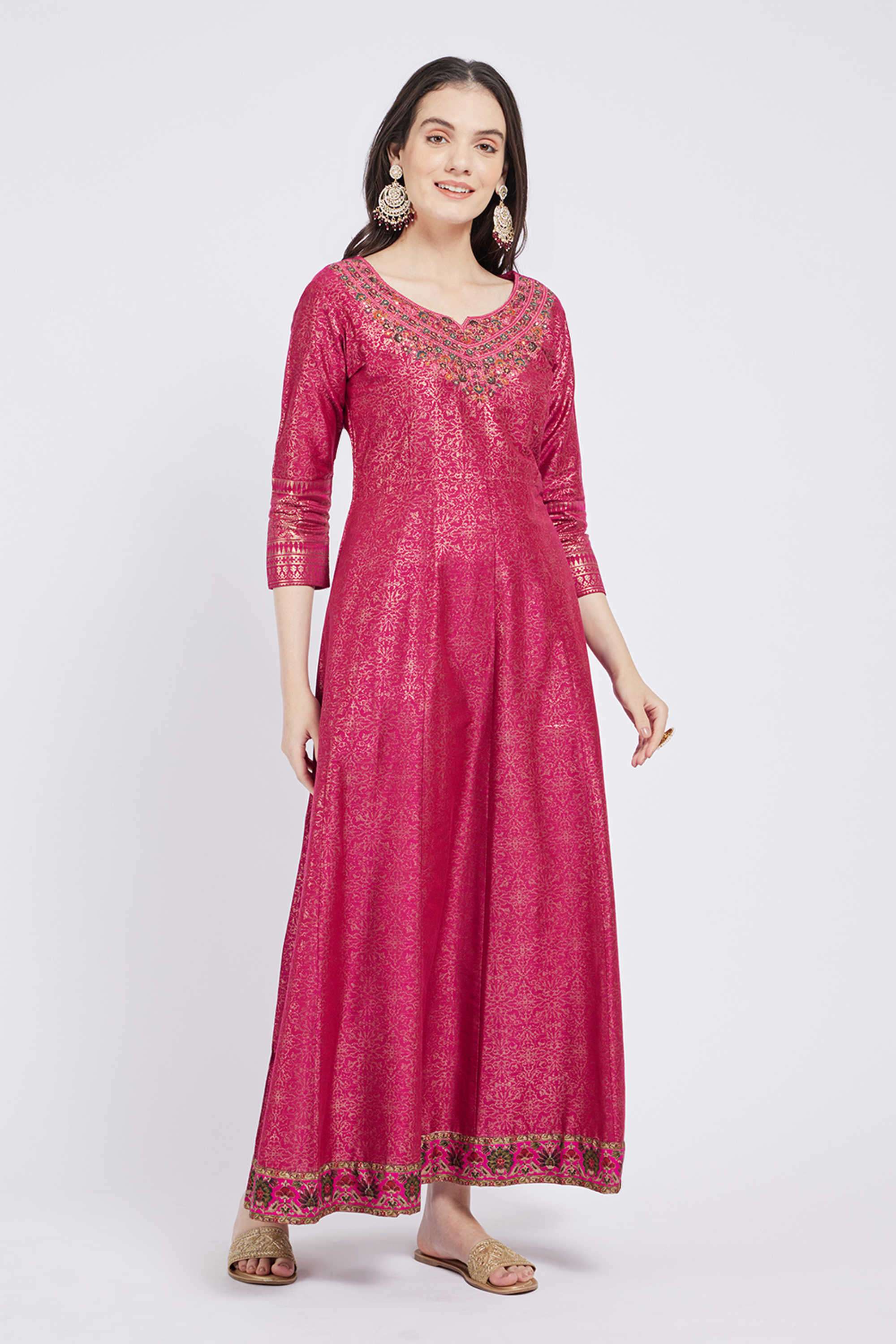 Printed-Silk-Round-Neck-Women-s-Festive-Wear-Kurta