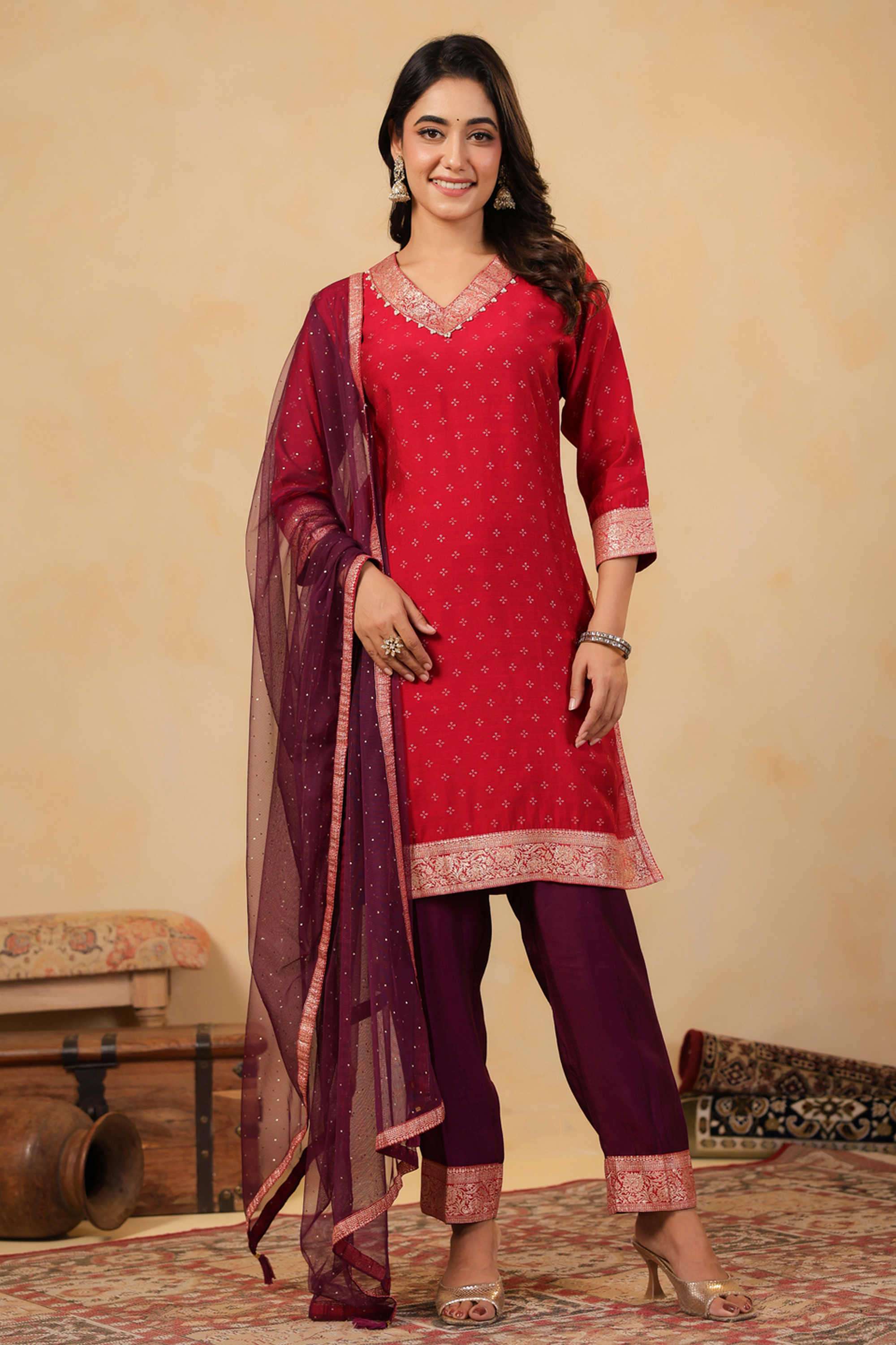 Printed-Silk-V-Neck-Women-s-Festive-Wear-Kurta-Set