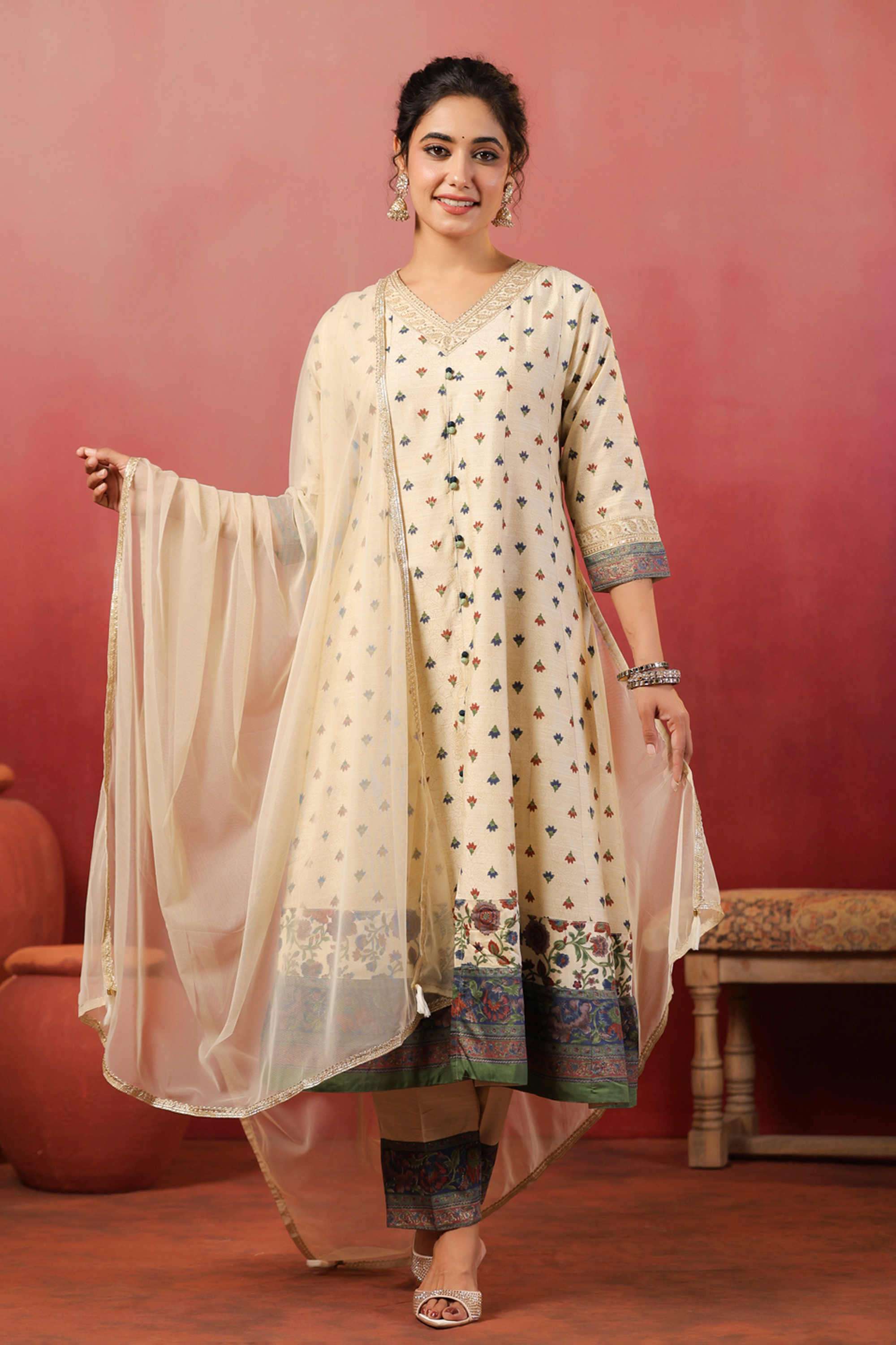 Printed-Silk-V-Neck-Women-s-Festive-Wear-Kurta-Set