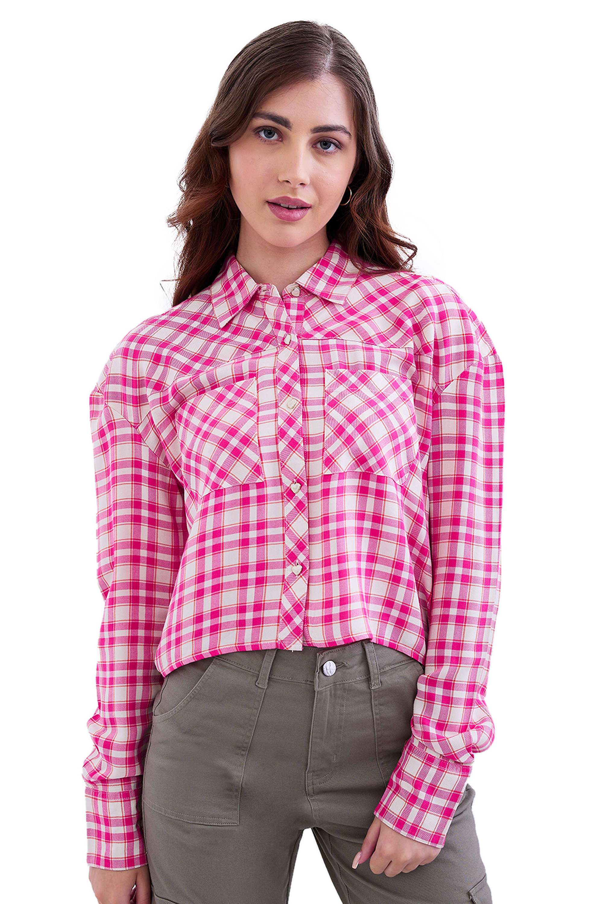 Checks-Classic-Collar-Blended-Fabric-Women-s-Casual-Wear-Shirt