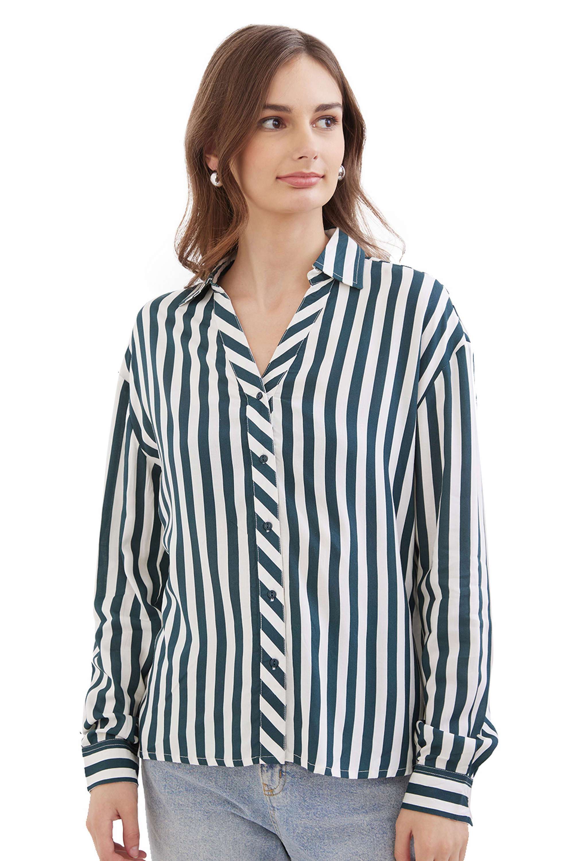 Stripes-Classic-Collar-Blended-Fabric-Women-s-Casual-Wear-Shirt