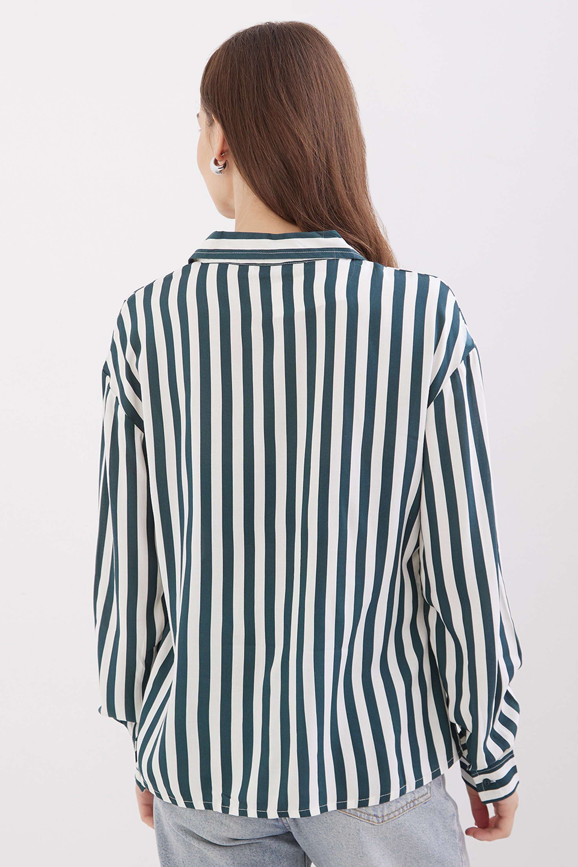 Stripes-Classic-Collar-Blended-Fabric-Women-s-Casual-Wear-Shirt